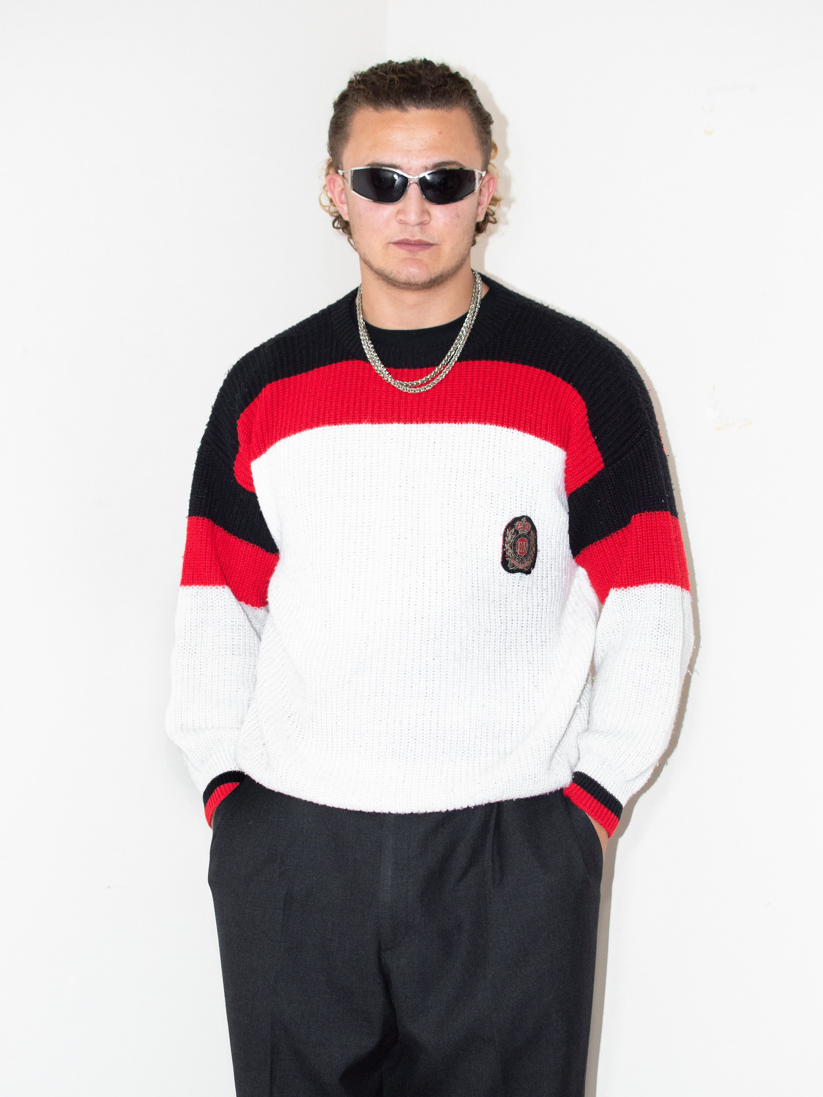 Designer × Vintage 80s Vintage Knitted Black Red Stripe Boxy Fit Sweater Size US L / EU 52-54 / 3 - 2 Thumbnail