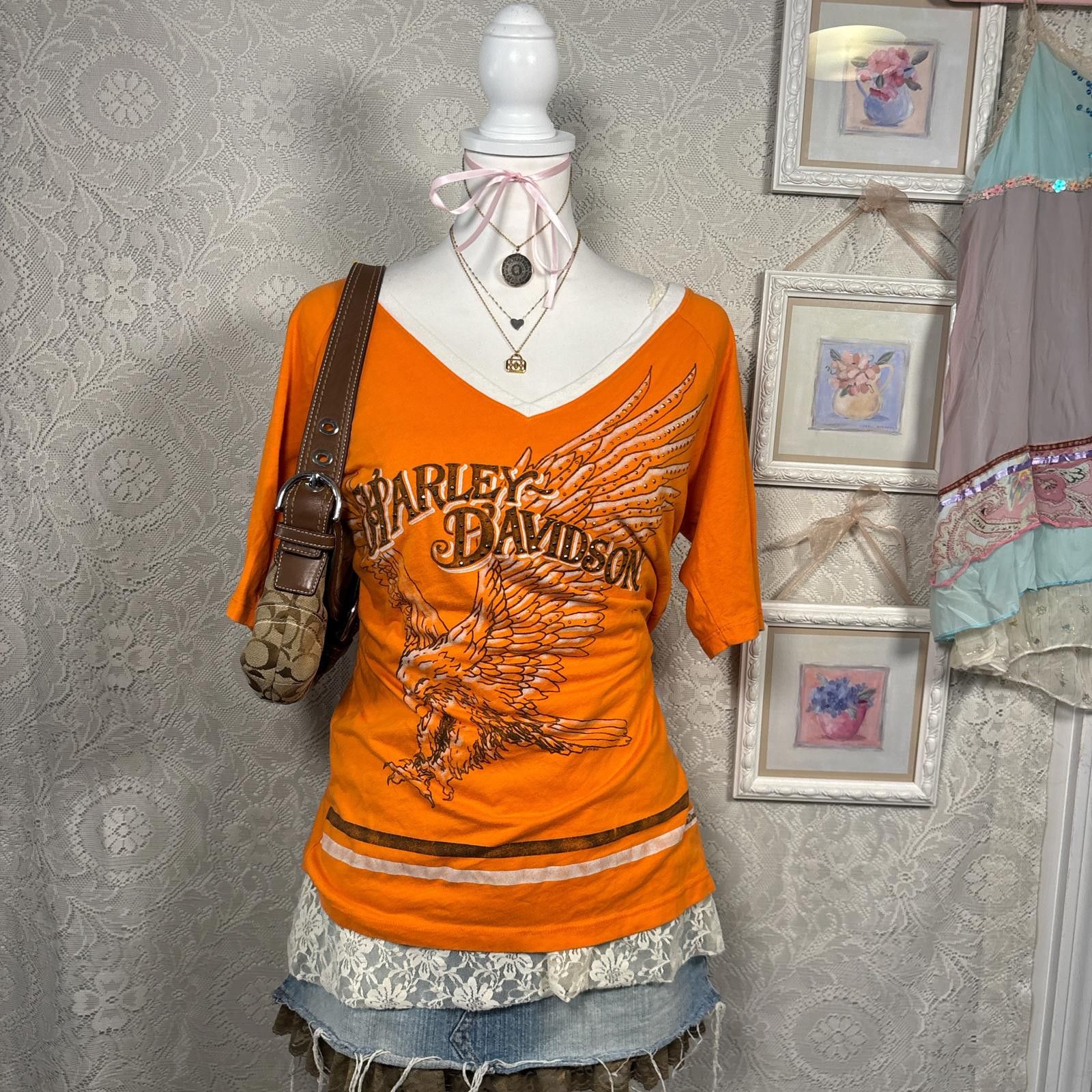 Harley Davidson y2k harley davidson orange rhinestone t-shirt Size M / US 6-8 / IT 42-44 - 1 Thumbnail