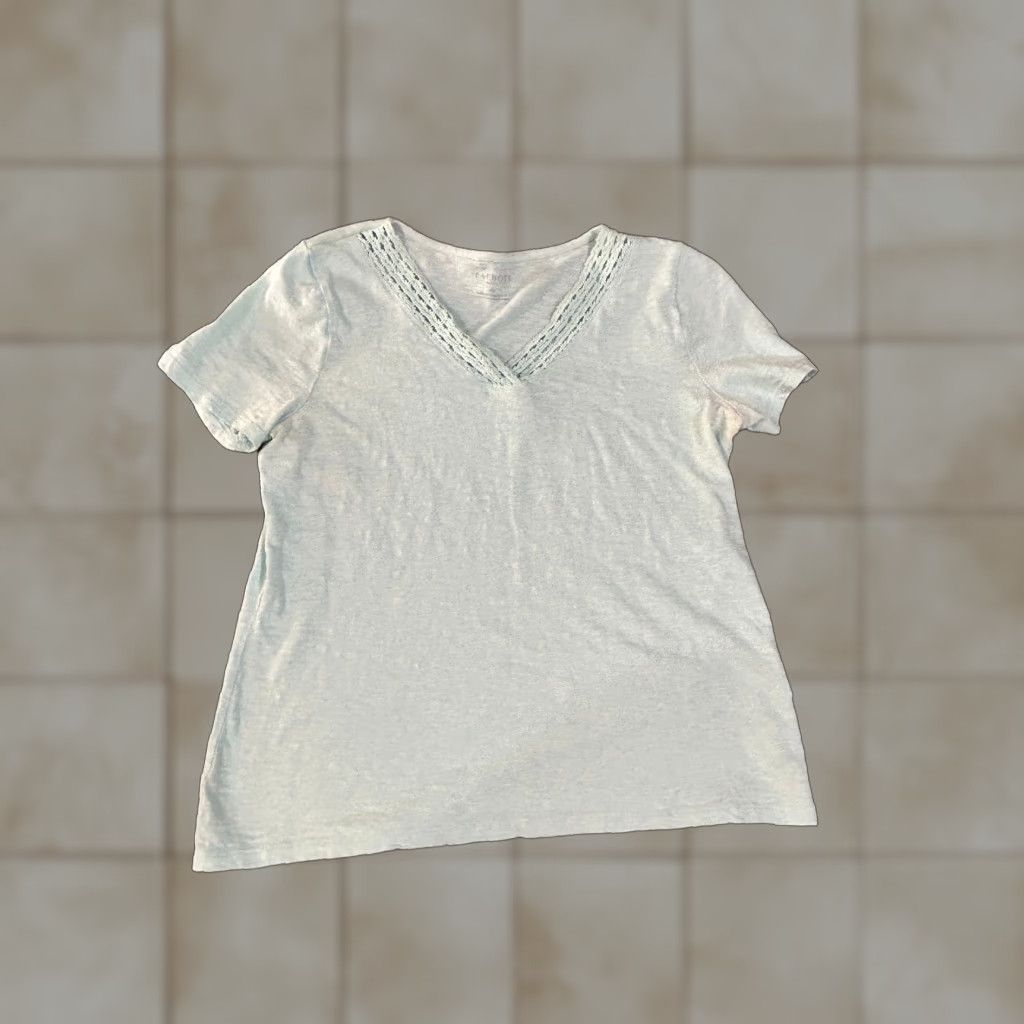 Talbots Talbots Top Womens M Light Blue Crochet Trim V-Neck Short Sleeve Blouse Casual Cotton Modal Blue Regular Stretch Size M / US 6-8 / IT 42-44 - 1 Thumbnail