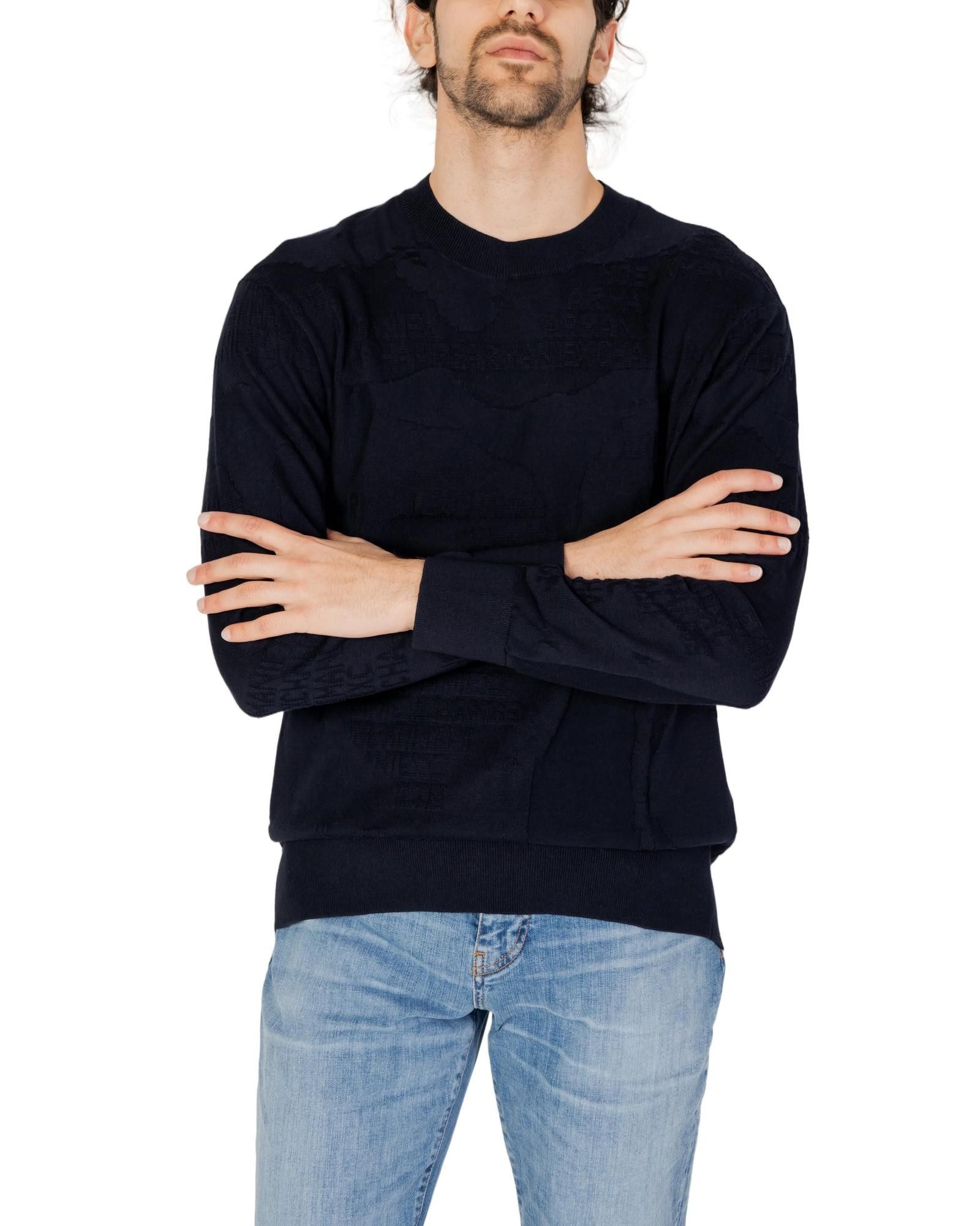 image of Armani Exchange Long Sleeve Round Neck Cotton Knitwear in Blue, Men's (Size 2XL)