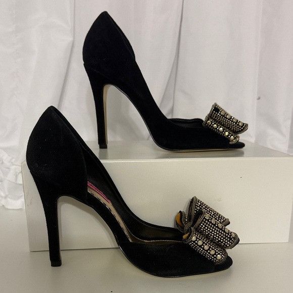 Betsey Johnson Betsey Johnson Glendah Black Suede Peep Toe Heels W/Bow Embe Size US 6 / IT 36 - 5 Thumbnail