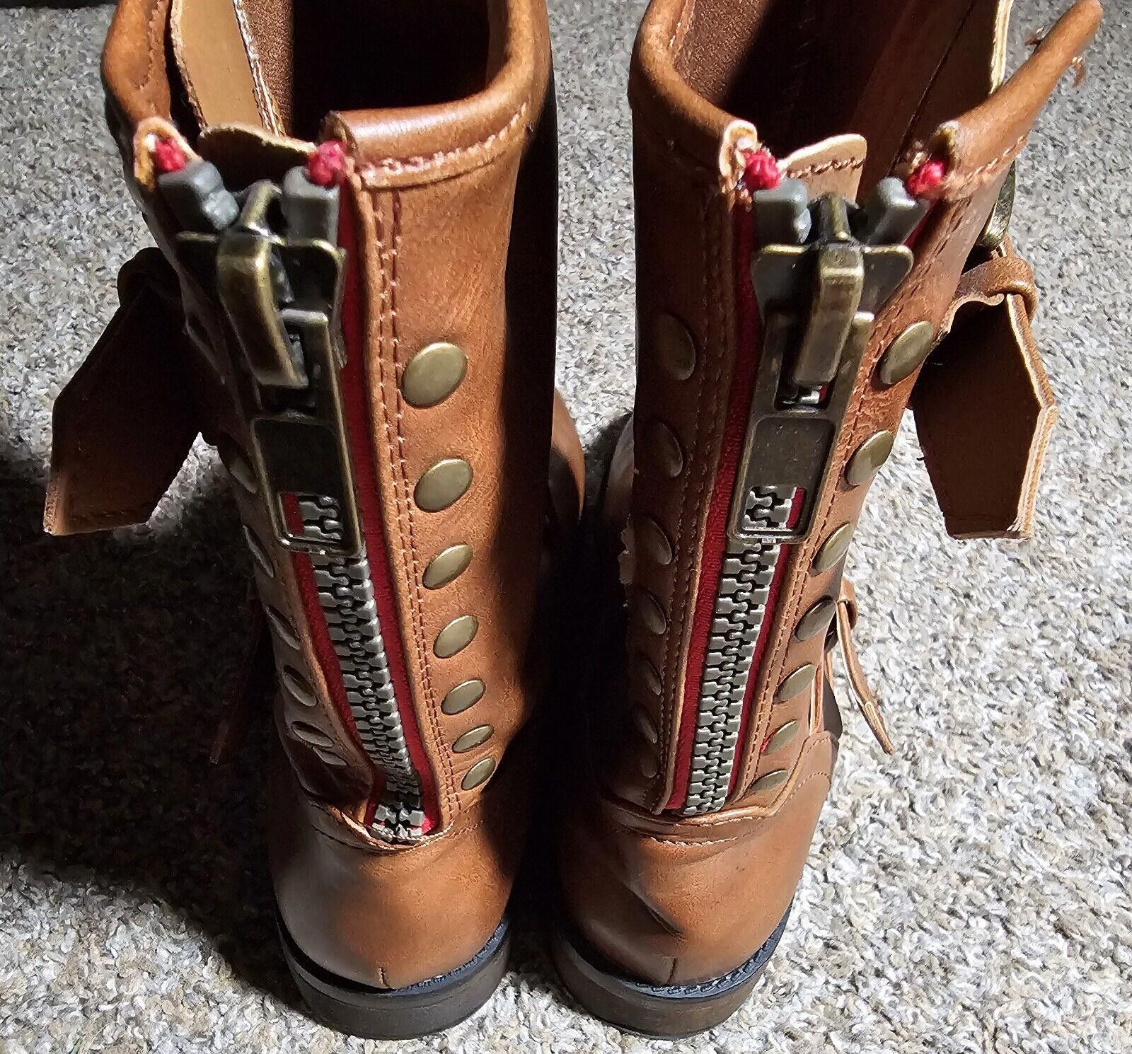 Designer Steve Madden Girl Brown Buckle Boots Zipper Sz 8M Temppt Size US 8 / IT 38 - 5 Thumbnail