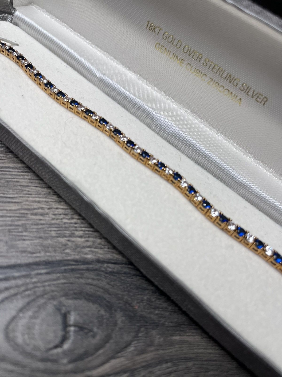 Other 18K Gold Sterling Silver Blue White CZ Tennis Bracelet Boxed Size ONE SIZE - 2 Thumbnail