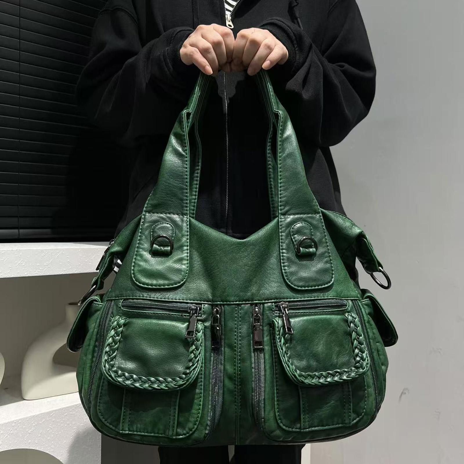 Vintage Green and Black Braided Pocket Leather Handbag Size ONE SIZE - 1 Thumbnail