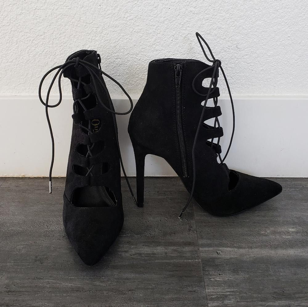 Designer Black Laced Up Suede OJ Heeled Boots Size US 8 / IT 38 - 3 Thumbnail