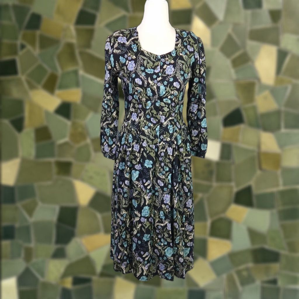 Vintage VINTAGE Hamells Floral Print Midi Dress Black Blue 90s Long Sleeve Button Front Women's 10 Midi Fall Spring Womens Size L / US 10 / IT 46 - 1 Thumbnail