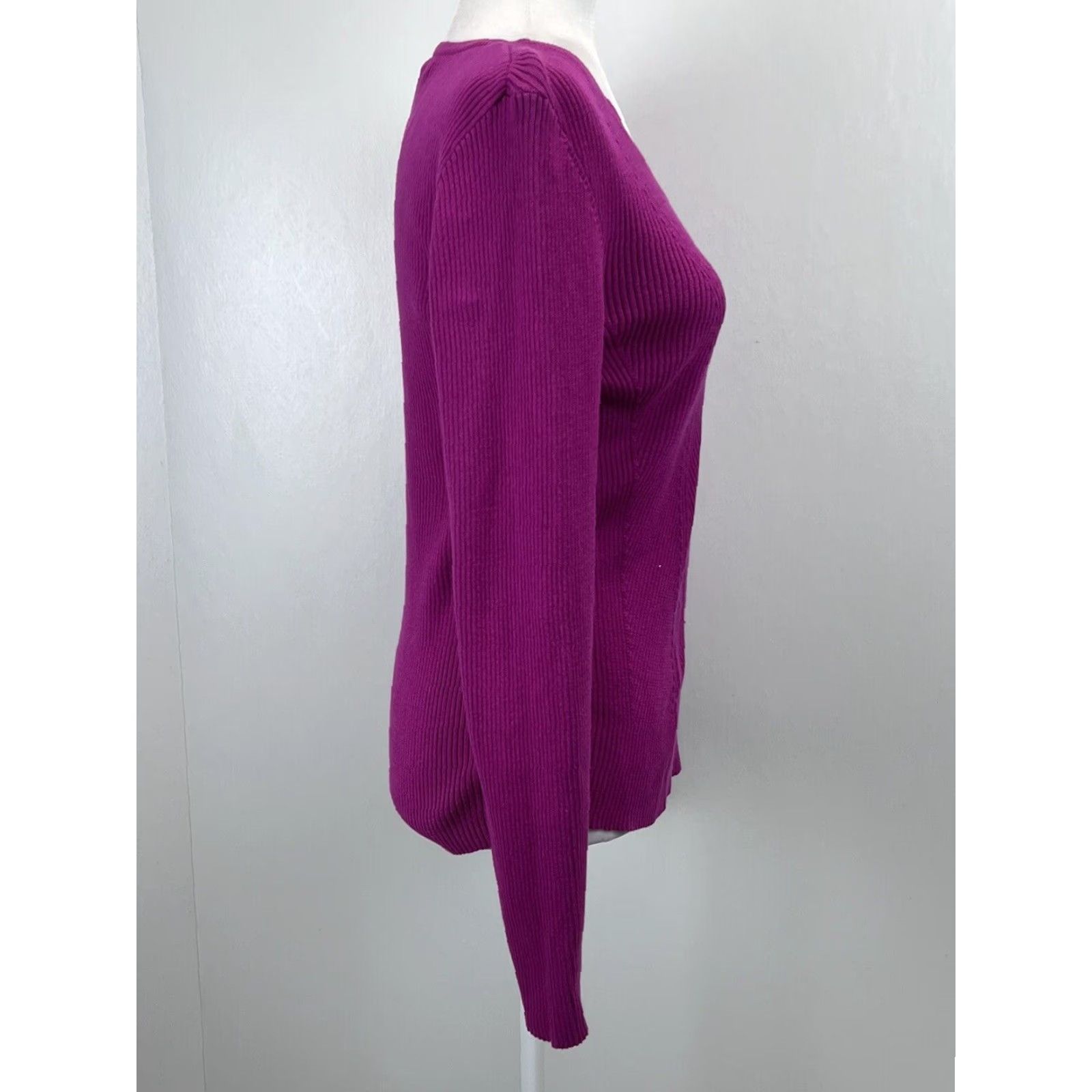 Ralph Lauren LAUREN RALPH LAUREN Fuchsia Ribbed Sweater Large Womens V-Neck Long Sleeve Pullover Stretch Fitted Size L / US 10 / IT 46 - 4 Thumbnail