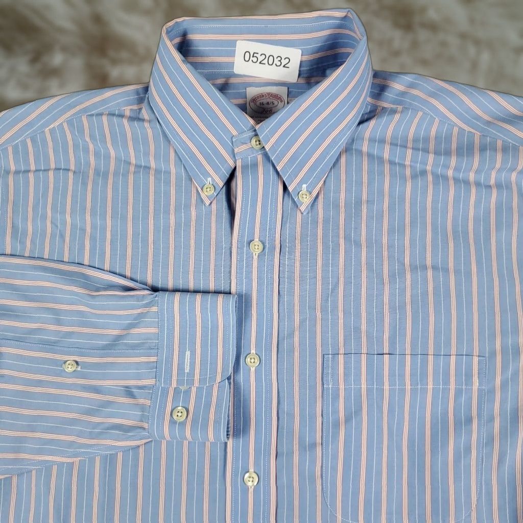 Brooks Brothers VINTAGE Style Brooks Brothers Shirt Men's 16 Blue Striped Dress Shirt Long Sleeve Button-Up Collar Shirt, Regular, Blue, Cotton, 16, Mens Size 42R - 1 Thumbnail