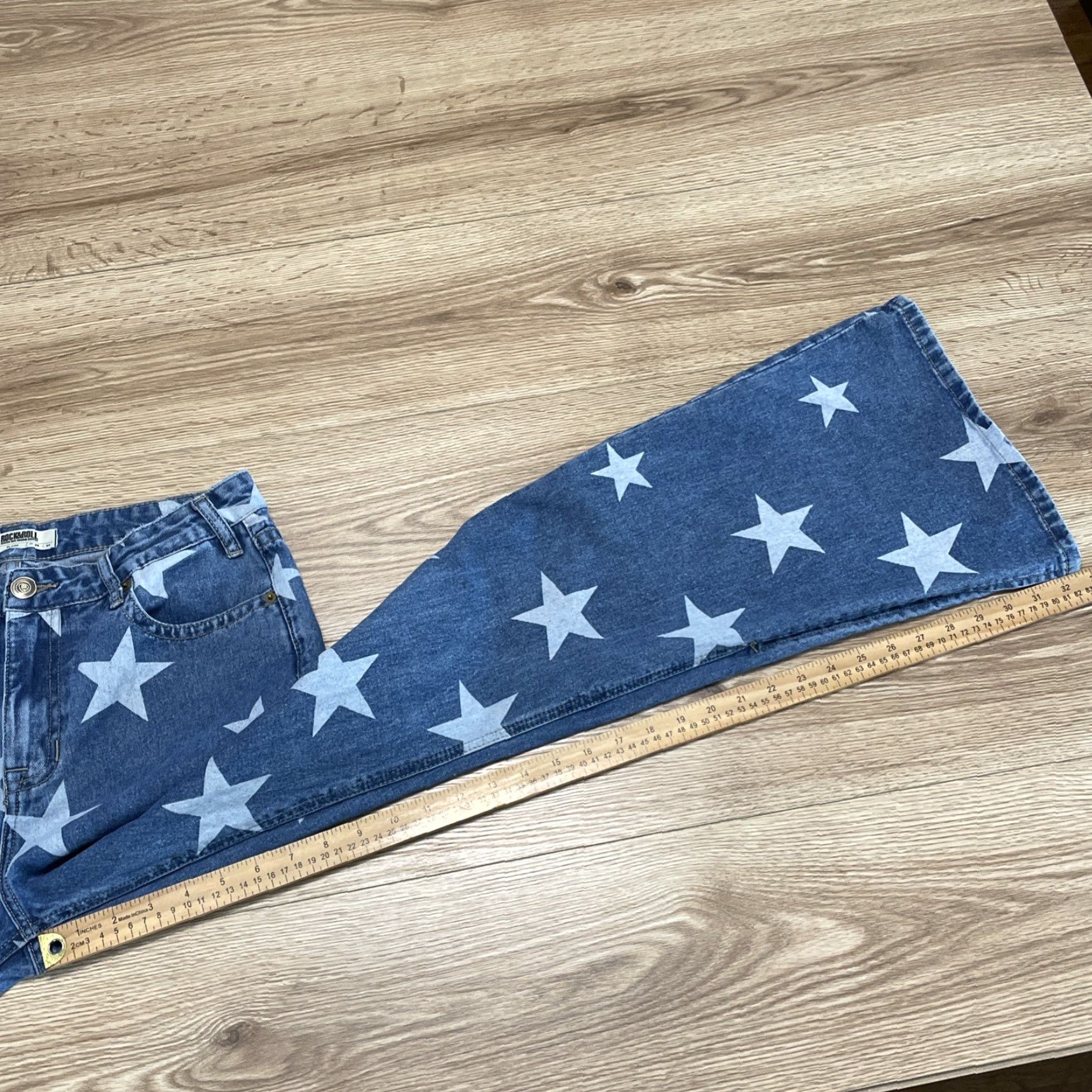 Vintage VINTAGE Rock & Roll Denim Womens Flared Jeans High Rise 29x34 Blue Star Print Size 29" - 7 Thumbnail