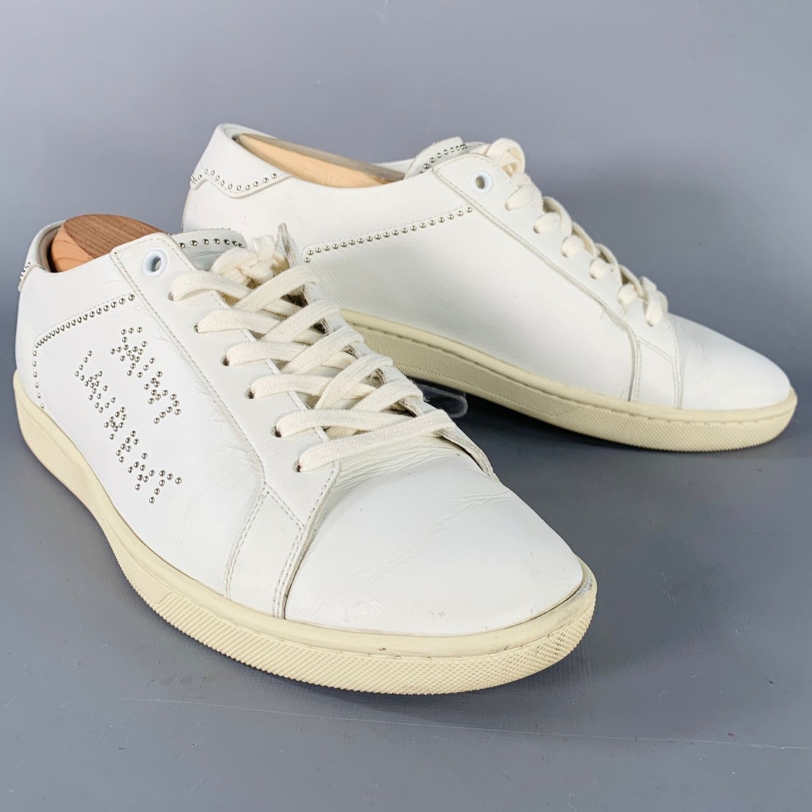 Saint Laurent Paris Size 7 White Silver Leather Studded Low Top Sneakers Size US 7 / IT 37 - 1 Thumbnail
