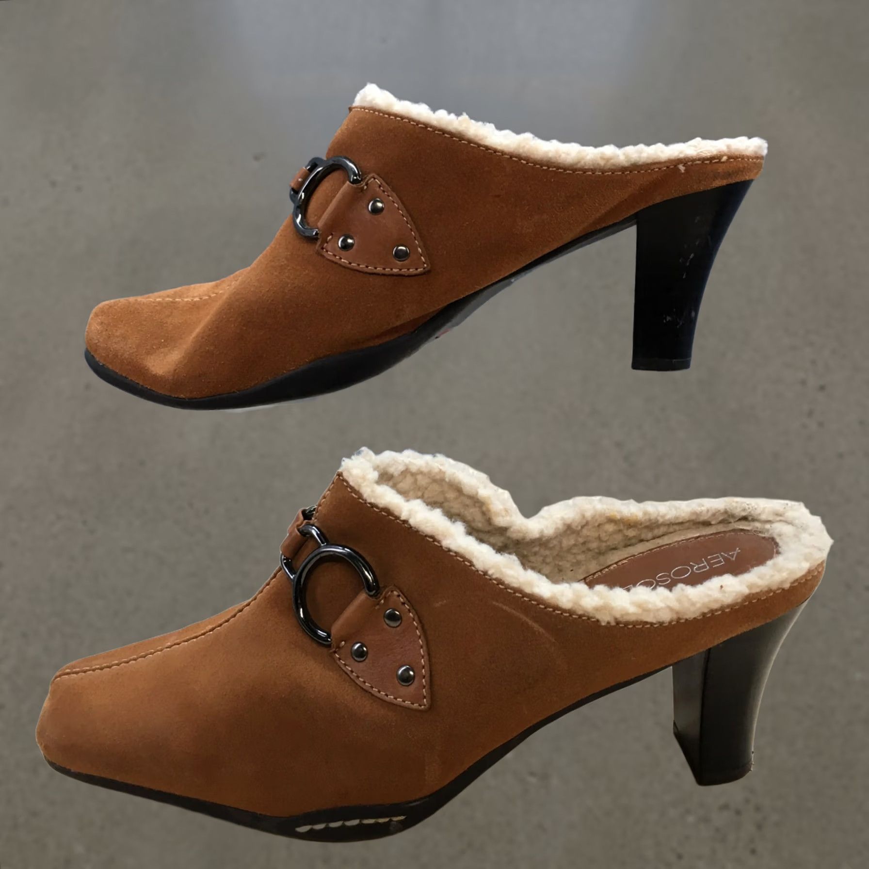 Vintage Aerosoles Heels Womens 10 B Cinch Shearly Mules Brown Leather Slip On Heels Block Fur Trim Size US 10 / IT 40 - 1 Thumbnail