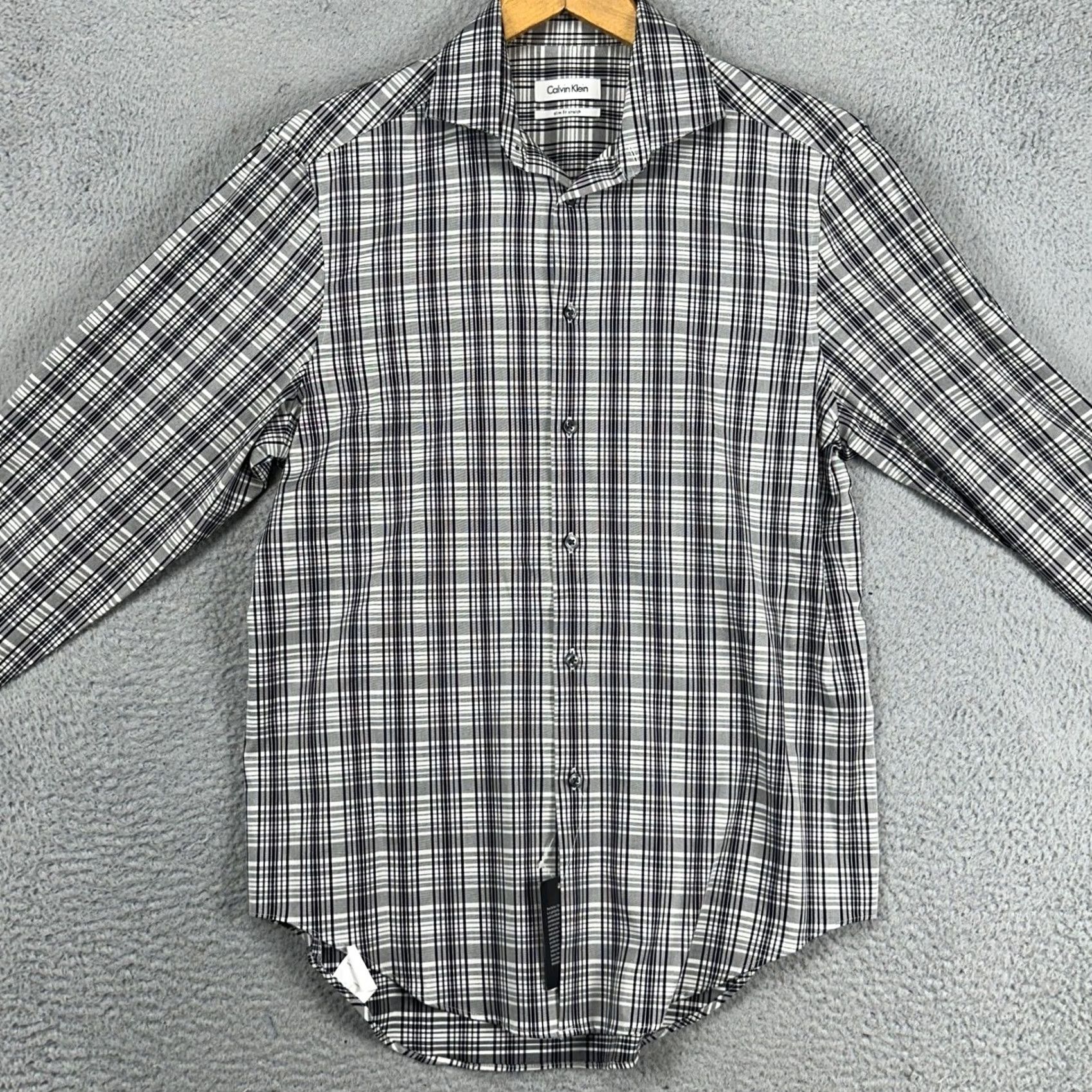 Calvin Klein Calvin Klein Mens Dress Shirt 15 32-33 Black White Plaid Long Sleeve Stretch NEW Size 40R - 3 Thumbnail