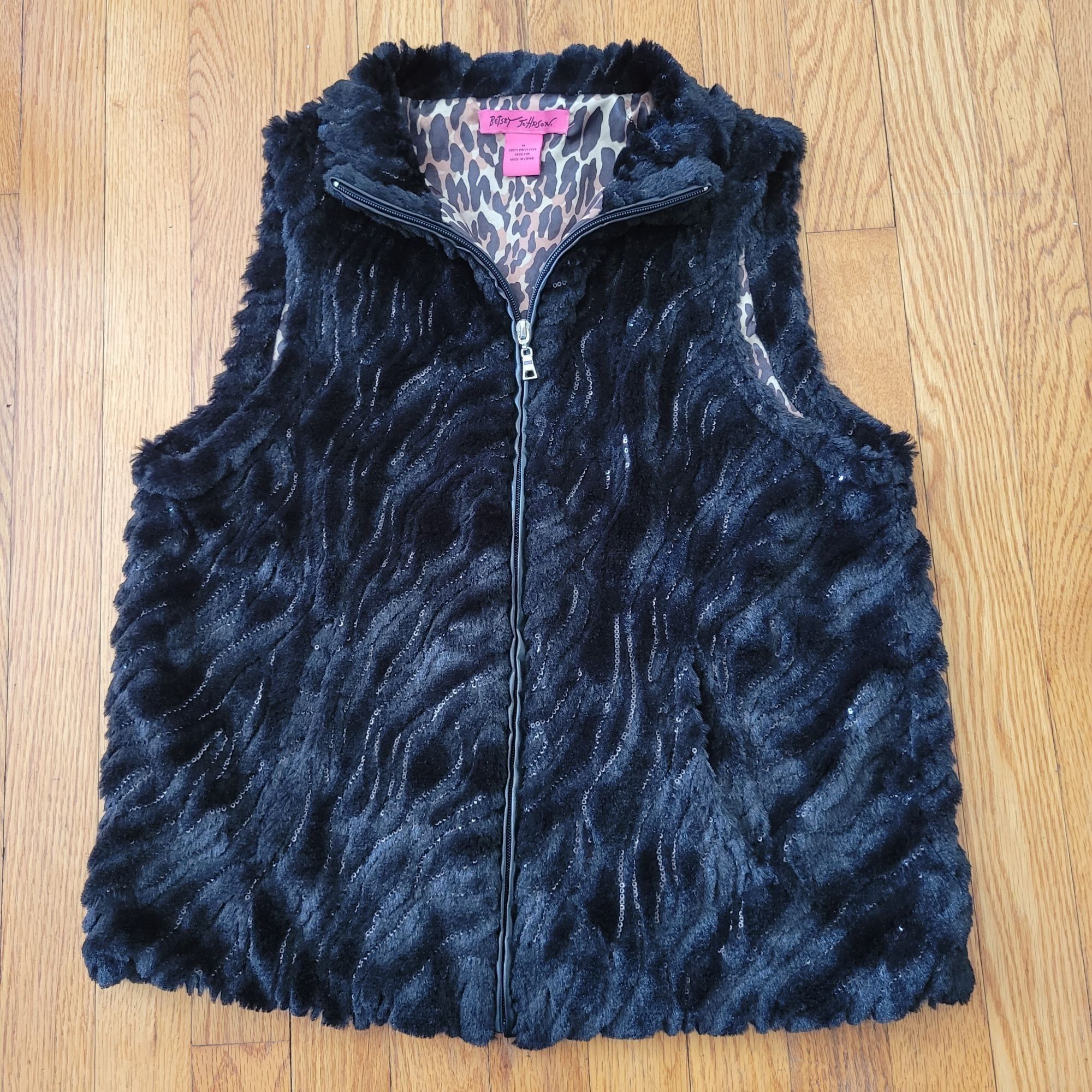 Betsey Johnson Black & Off-White Faux Fur Vest With Faux Leather Belt cheapest