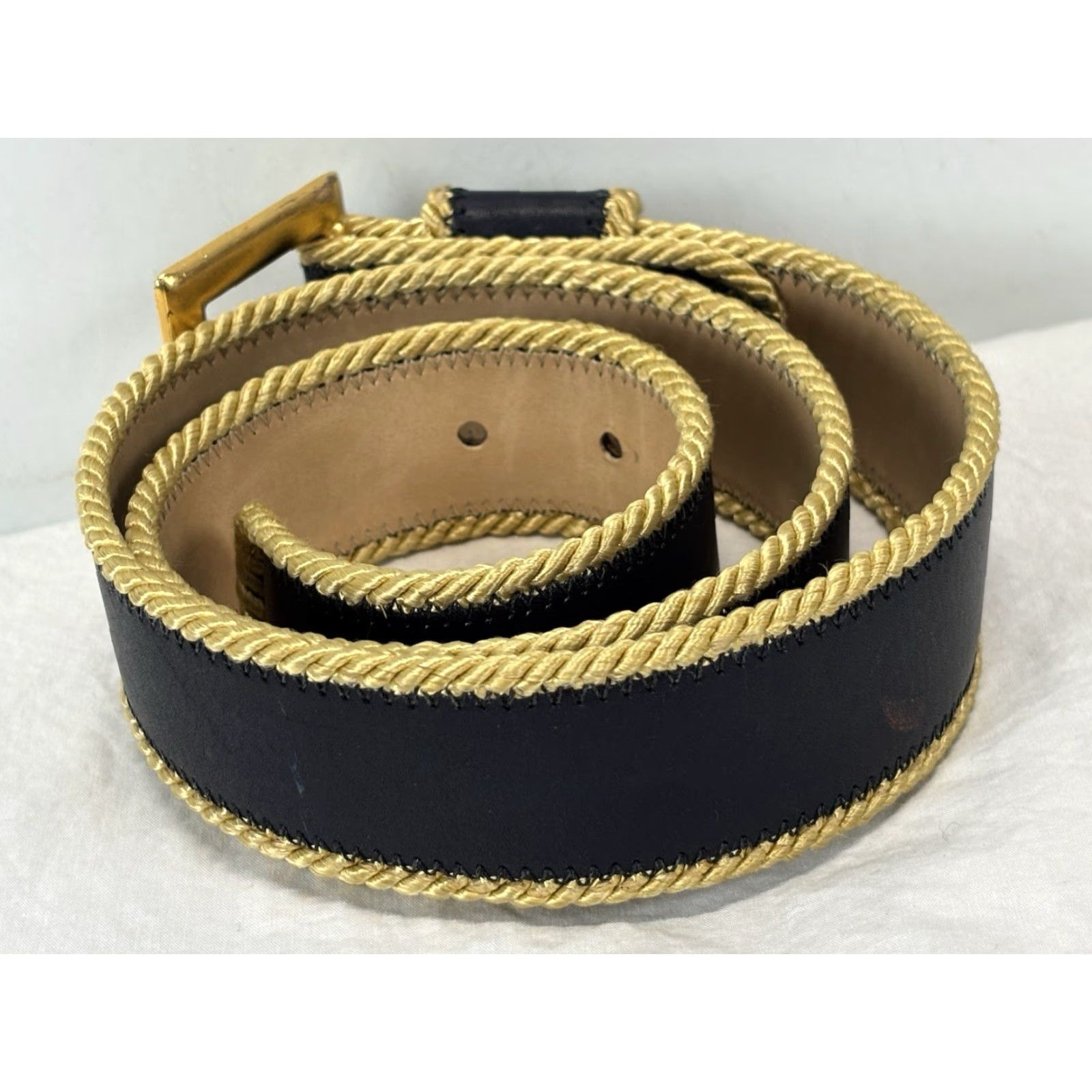 Vintage VINTAGE Joan & David Navy Calfskin Leather Belt Womens M 1.5” Gold Cord Trim Military Nautical 80s Mens Women Girls Size ONE SIZE - 3 Thumbnail