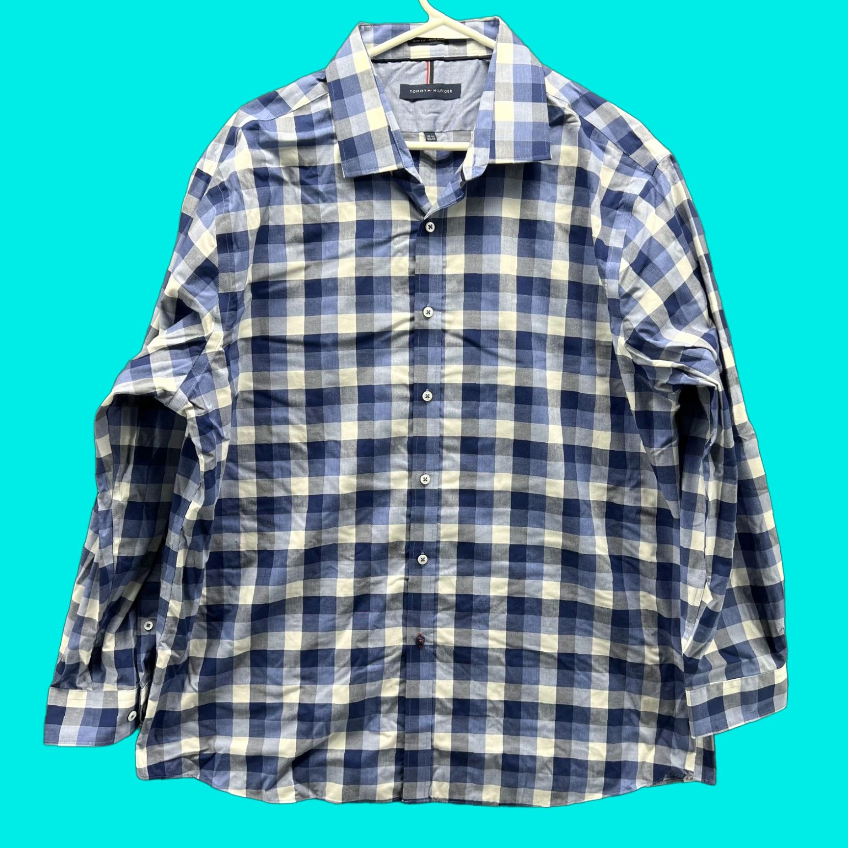 Tommy Hilfiger Tommy Hilfiger Dress Shirt Mens 17.5 32/33 Blue Check Slim Non Iron Long Sleeve Shirt Mens Size 48R - 1 Thumbnail