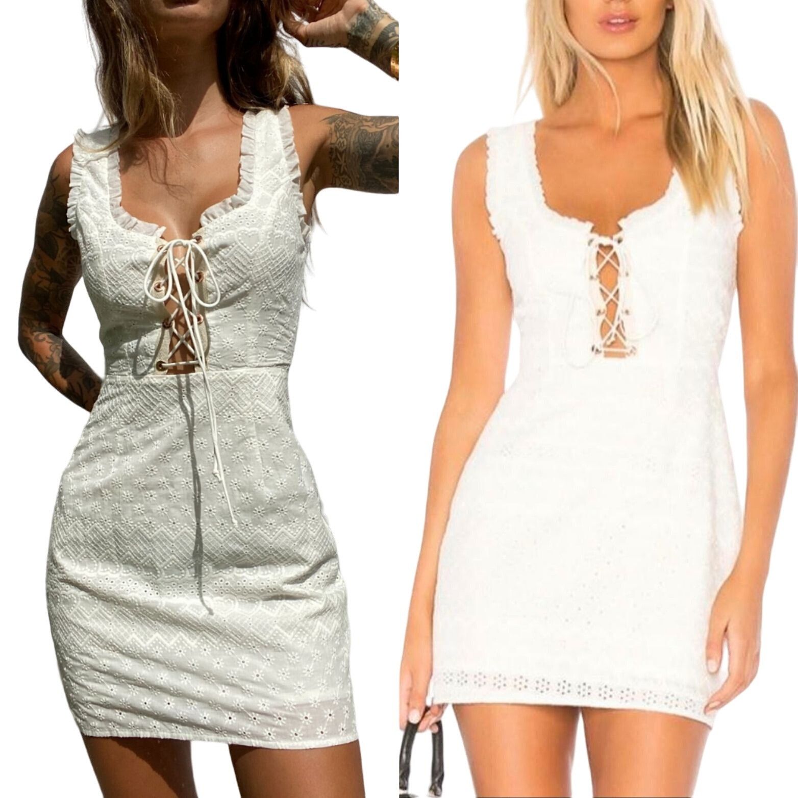 For Love & Lemons Love & Lemons Eyelet Lace-Up Mini Dress L White Sleeveless Size L / US 10 / IT 46 - 2 Thumbnail