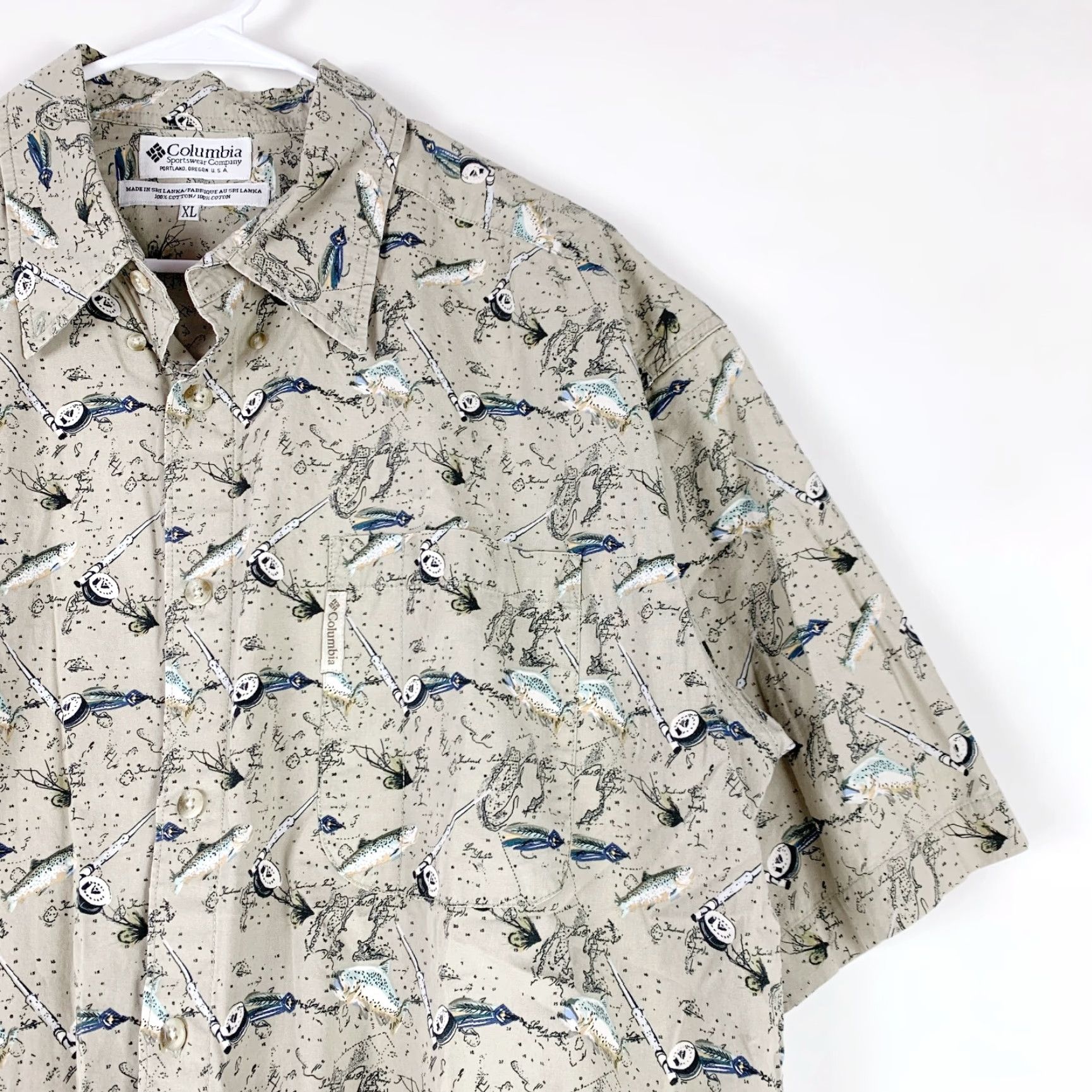 Vintage VINTAGE Columbia All Over Fish Pole AOP Camp Short Sleeve Button Front Shirt XL Mens Brown 1990s Cotton Size US XL / EU 56 / 4 - 4 Thumbnail