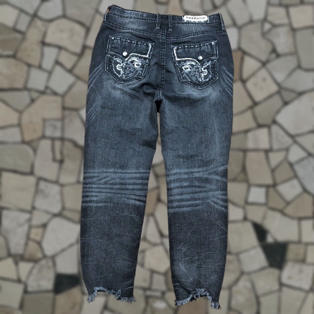 Vintage VINTAGE Rock Revival Jeans Black Womens 34 Slim Ankle 5-Pocket Denim Distressed Embroidered Rhinestone Sequin Studded Rock Biker Metal Size 24" / US 00 / IT 34 - 1 Thumbnail