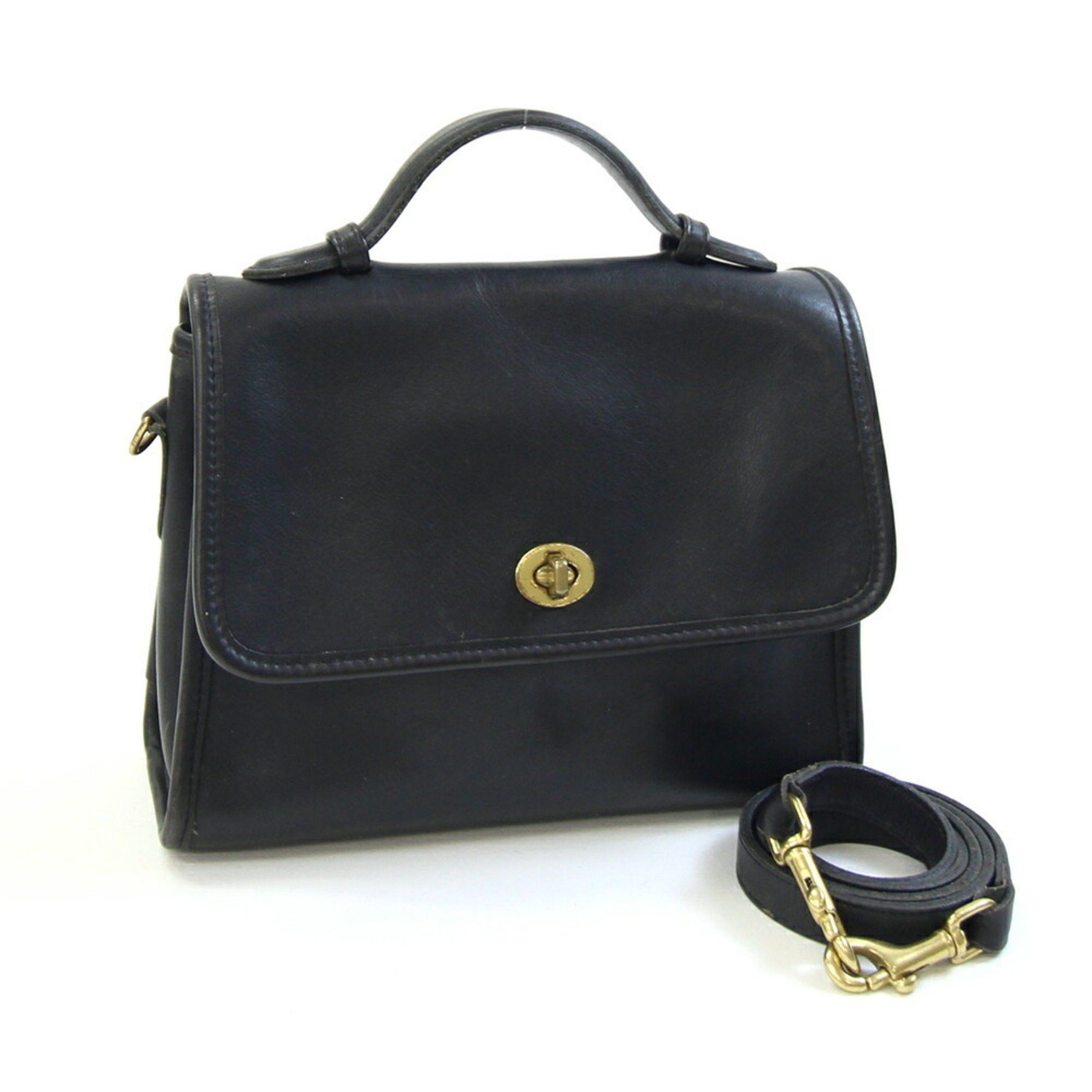 Coach 2WAY Handbag 9870 Black Leather Shoulder Bag Turnlock Old 