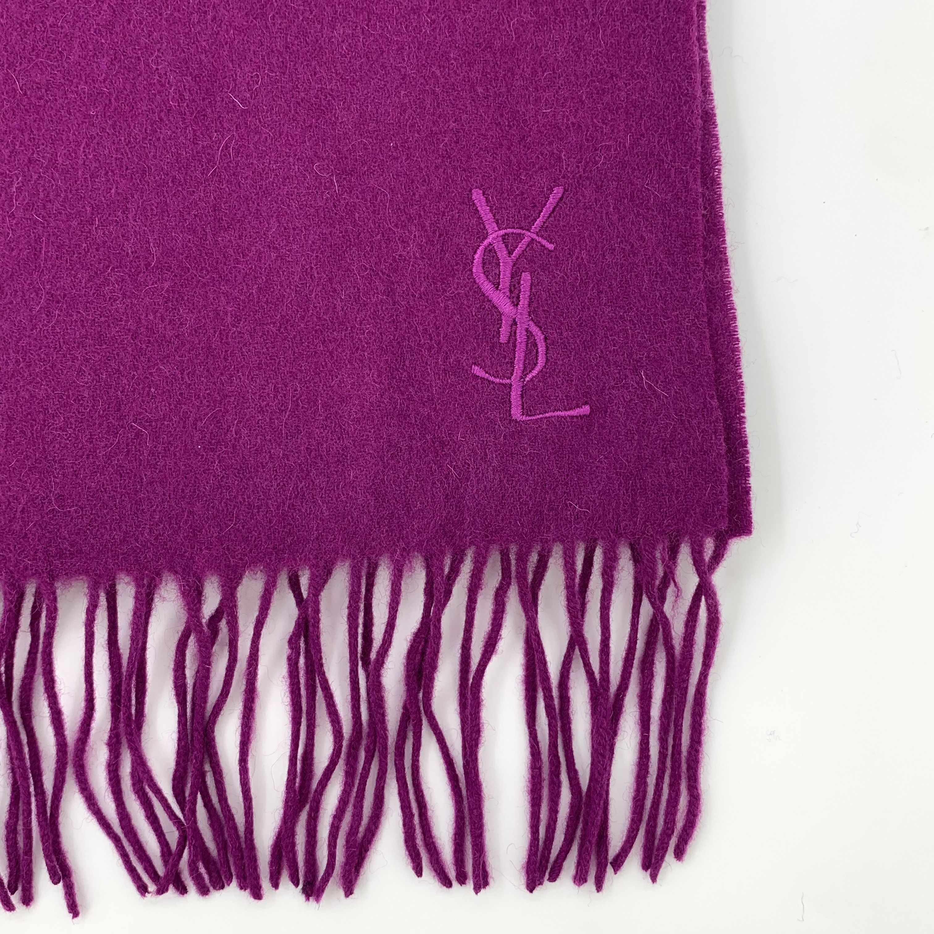 Saint Laurent Paris Saint Laurent Logo Embroidered Wool Fringe Scarf (165×32cm) Size ONE SIZE - 7 Thumbnail