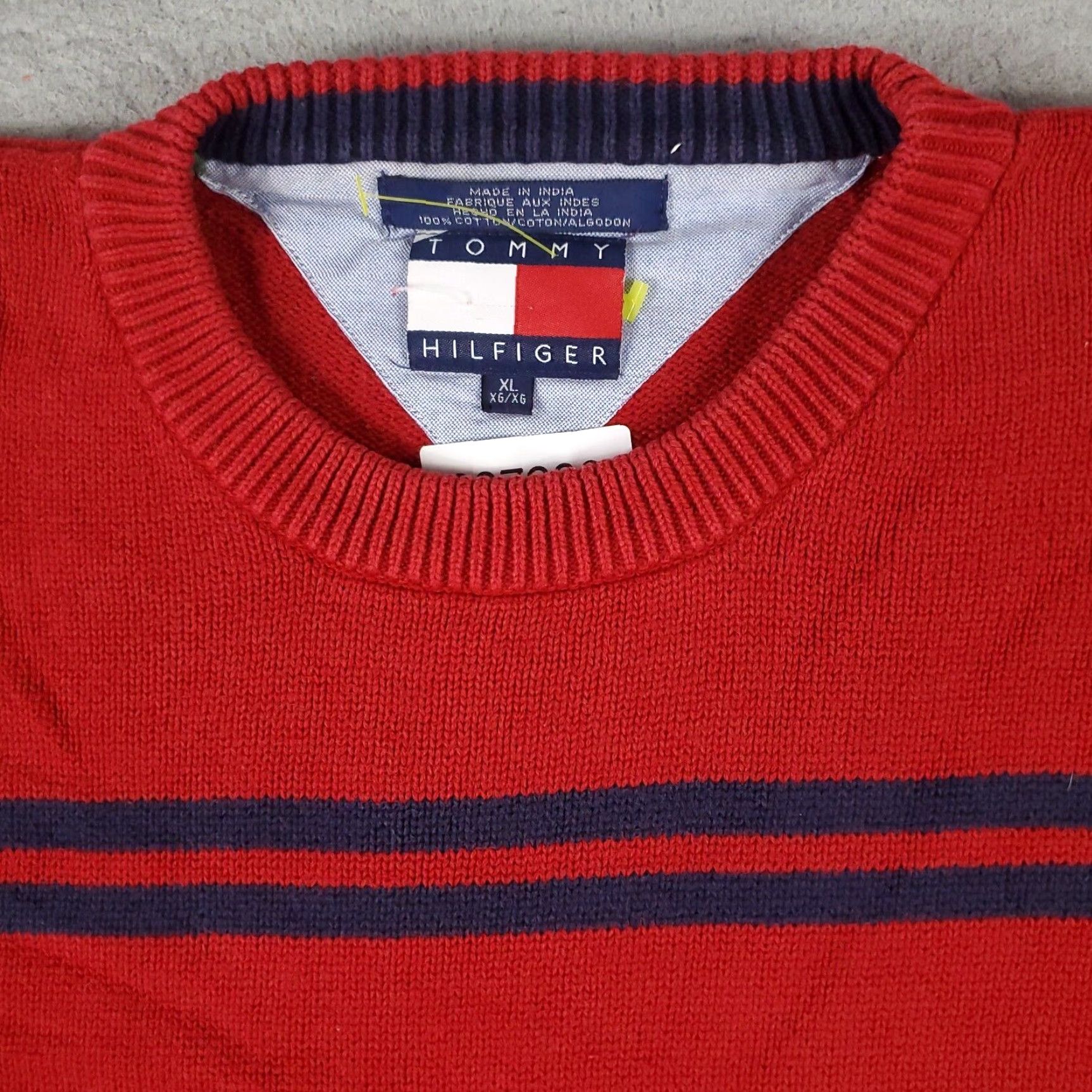 Tommy Hilfiger VINTAGE Tommy Hilfiger Mens XL Red Blue Striped Pullover Sweater Cotton Blend Long Sleeve V-Neck Logo Knit Size US XL / EU 56 / 4 - 2 Thumbnail
