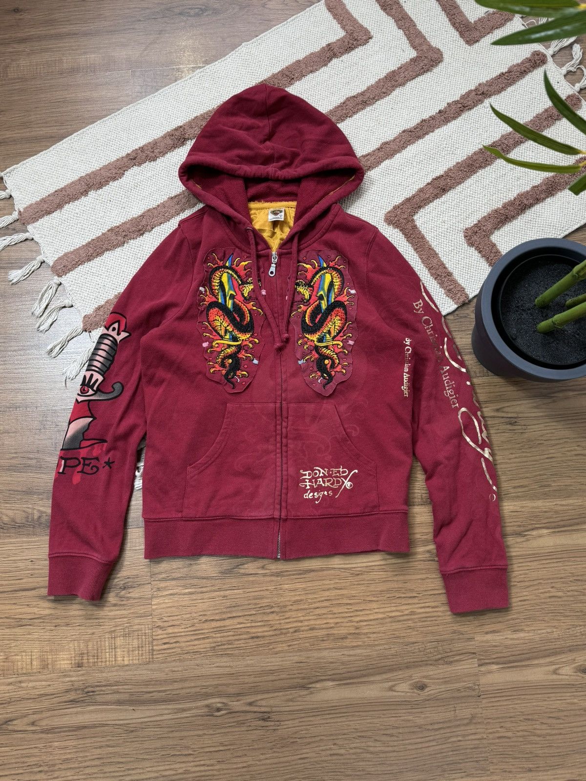 image of Christian Audigier x Ed Hardy Vintage Ed Hardy 2000S Zip Up Hoodie in Burgandy, Women's (Size Small