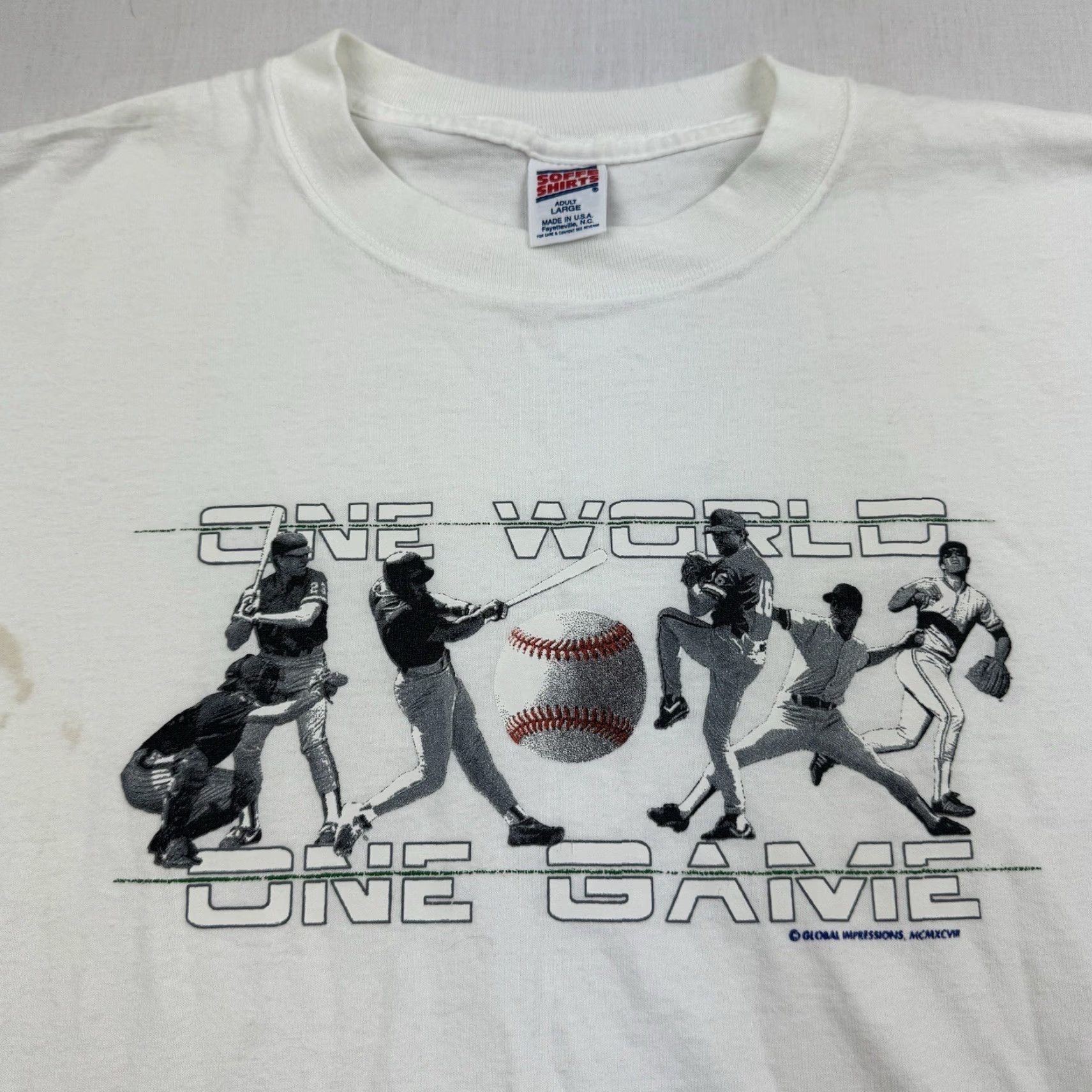 Soffe VINTAGE Soffe Baseball Shirt Men L White 90s Sports One World One Game Crew Neck Short Sleeve Size US L / EU 52-54 / 3 - 2 Thumbnail