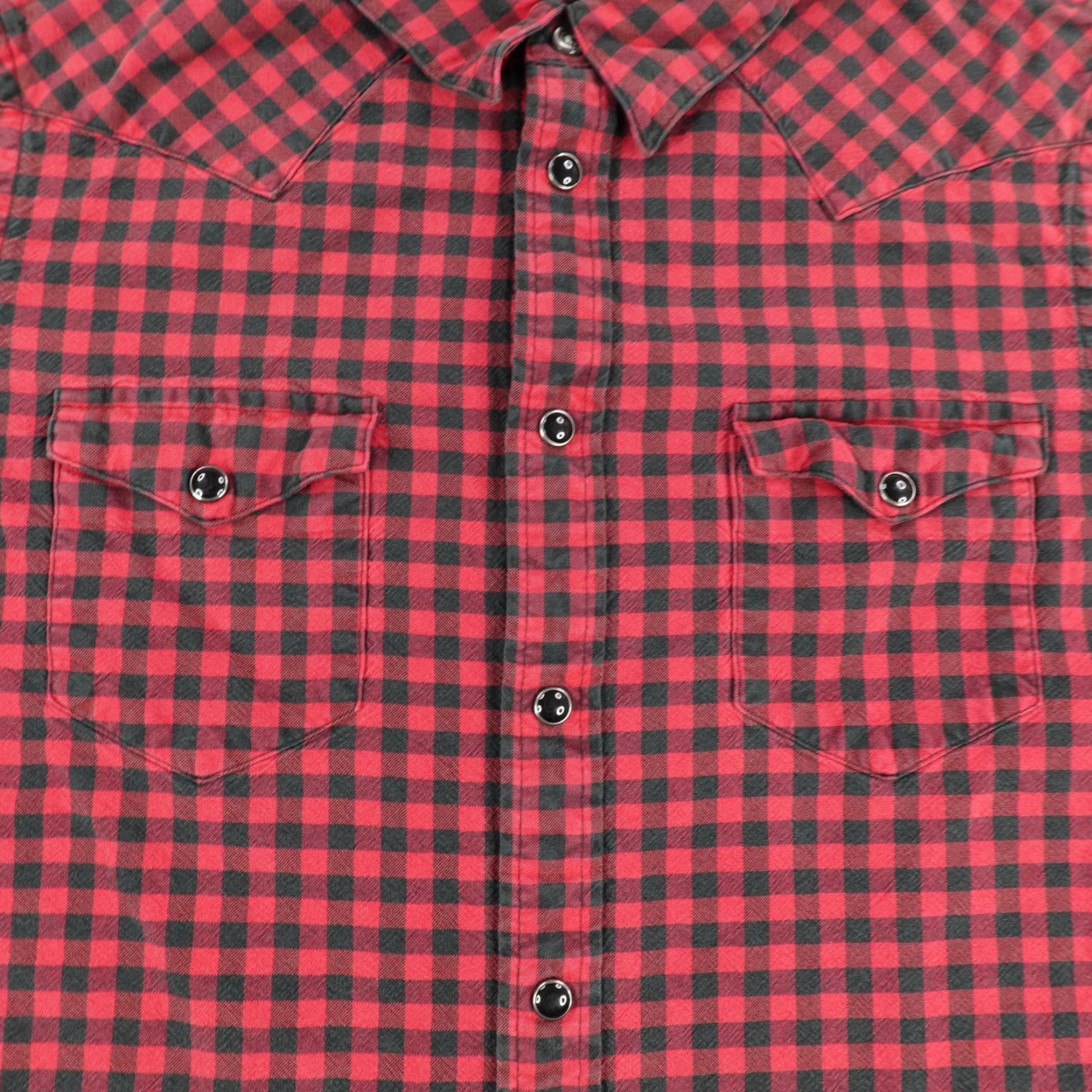 VINTAGE Polo Ralph Lauren Shirt Mens Medium Long Sleeve Gingham Check Western Pearl Snap Red Cotton