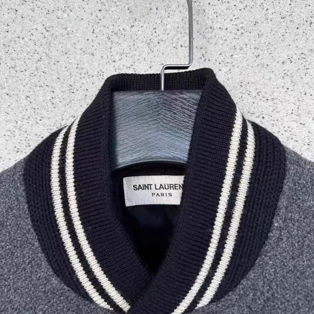 Saint Laurent Paris SLP gray wool leather panel baseball jacket 44 Size US S / EU 44-46 / 1 - 2 Thumbnail