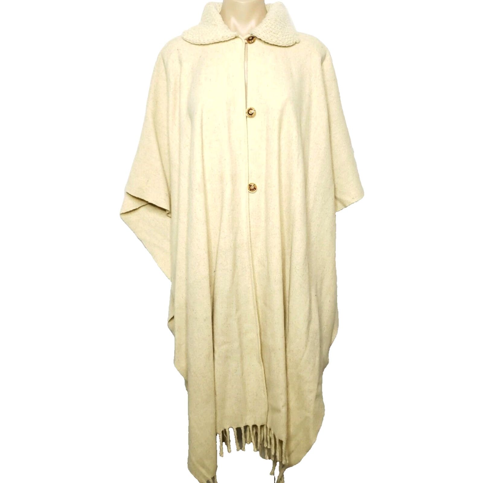 Vintage VINTAGE Beige Oatmeal Wool Blanket Poncho Cape Cream Sweater Knit Collar One Size Womens M? Size ONE SIZE - 2 Thumbnail