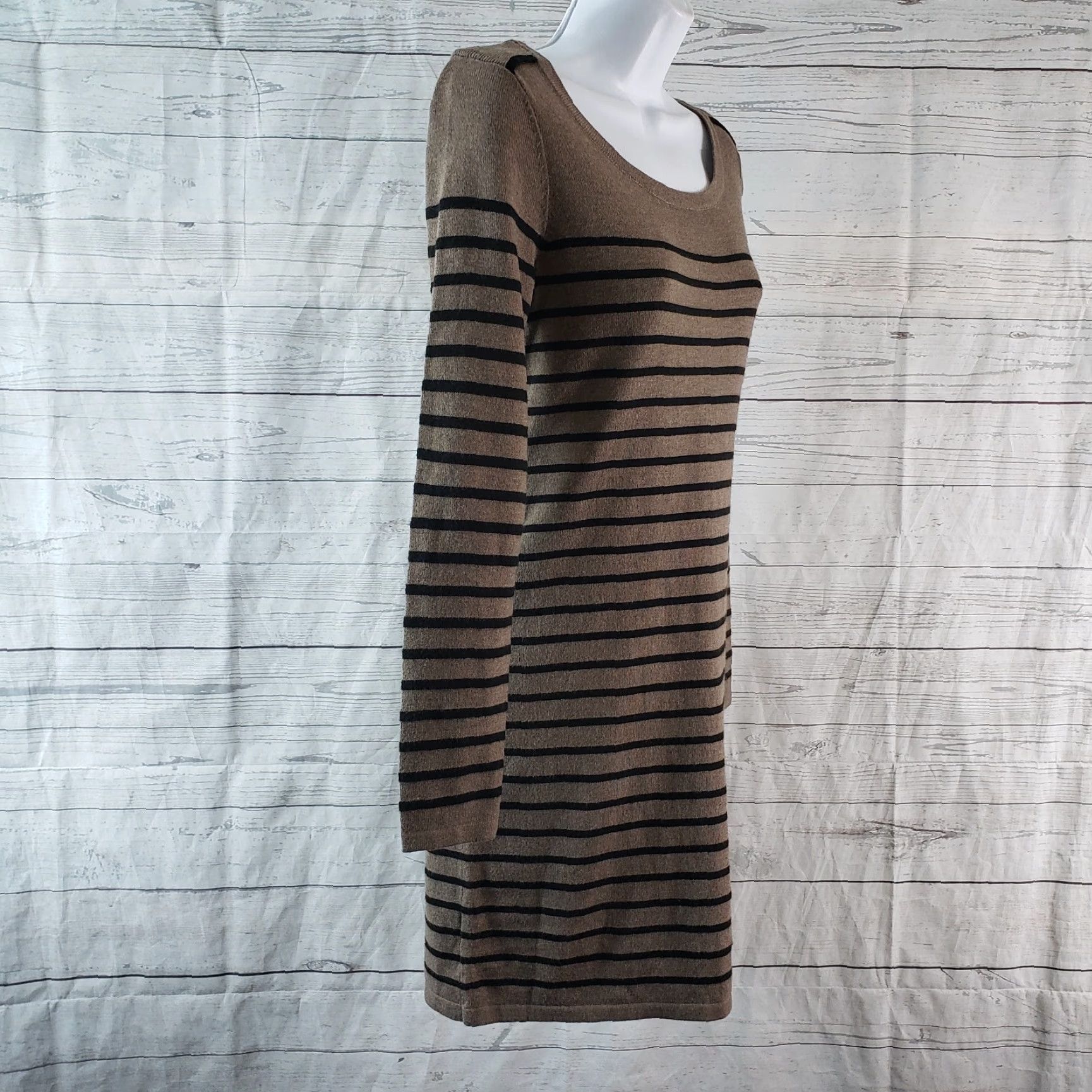 Loft LOFT Ann Taylor Womens Sweater Dress XS Black Taupe Striped Long Sleeve Pullover Knit 32" Length 24" Sleeve Size XS / US 0-2 / IT 36-38 - 3 Thumbnail