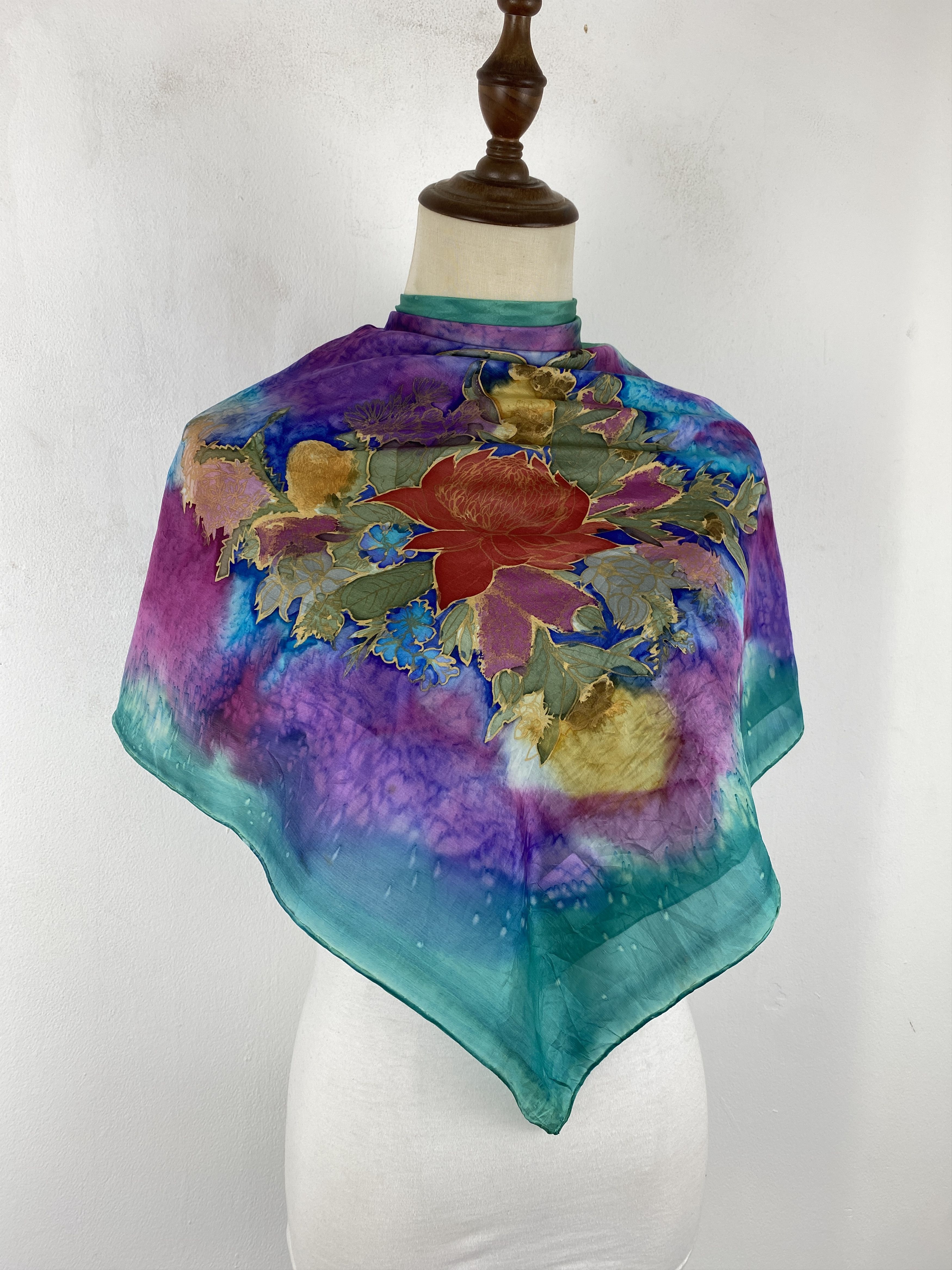 Vintage Flower Design Silk Scarf / Muffler / Silk Shawl SN0070 Size ONE SIZE - 2 Thumbnail
