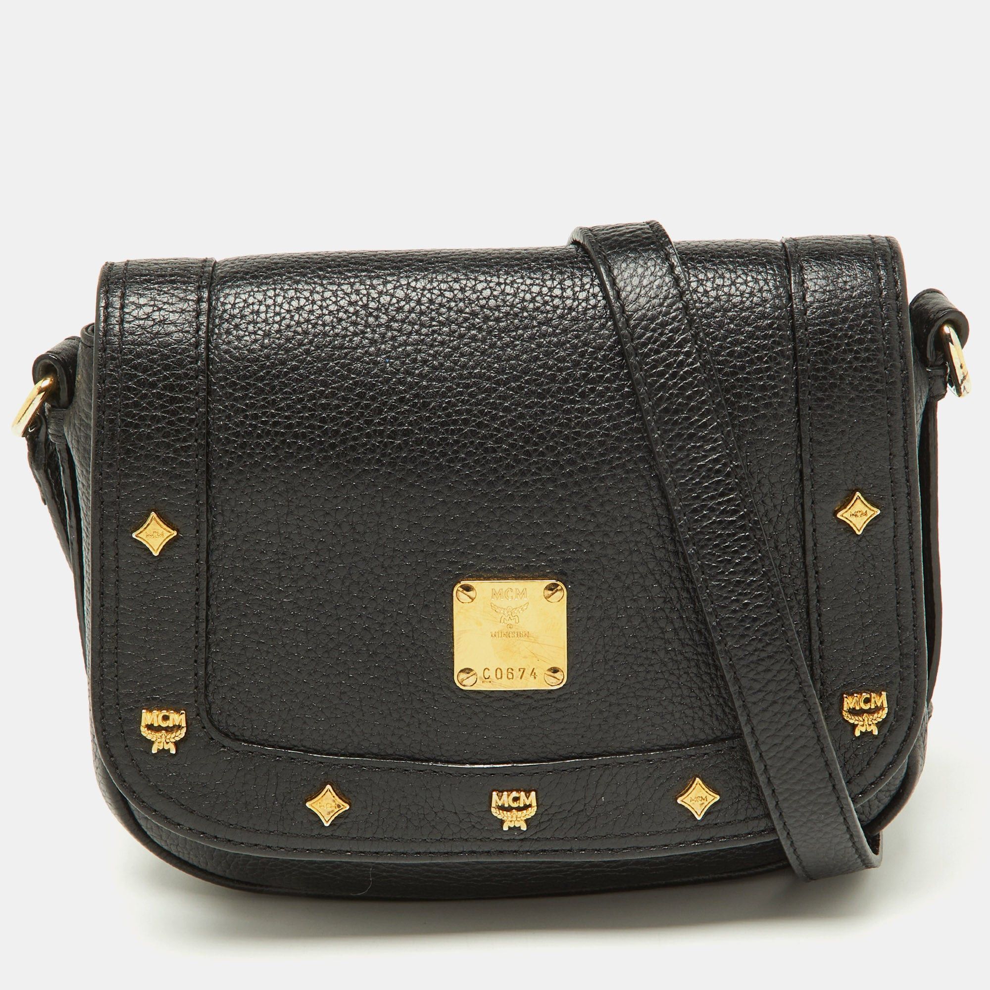 image of MCM Black Leather Studded Flap Crossbody Bag, Women's