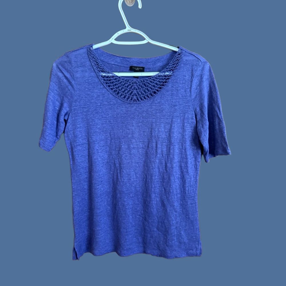 Talbots Talbots Shirt Womens Petite Small Purple Short Sleeve Smocking Top Linen Casual T-Shirt Size S / US 4 / IT 40 - 1 Thumbnail