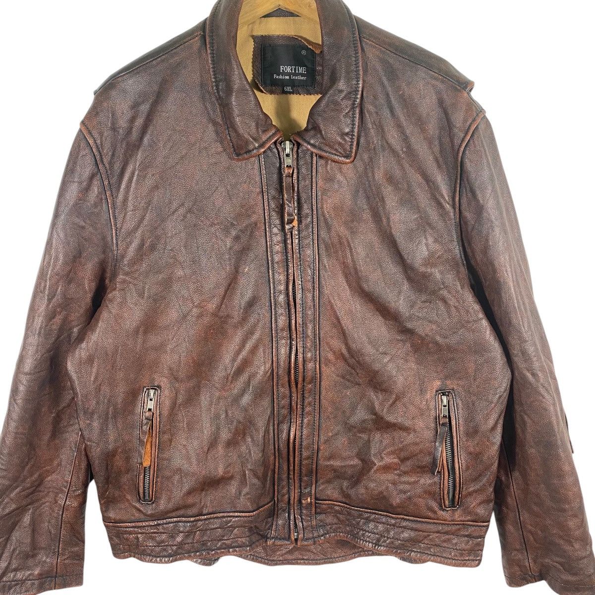 Genuine Leather × Leather Vintage Fortime Fashion Leather Zipper Jacket Size US XL / EU 56 / 4 - 4 Thumbnail
