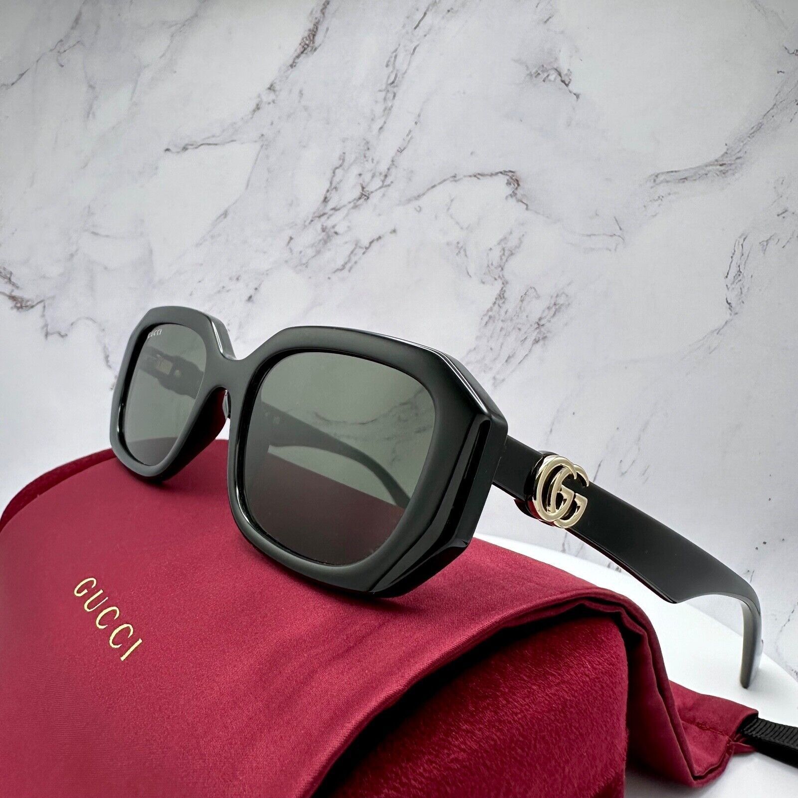 New Gucci Sunglasses Black Geometric Rectangle Gold GG