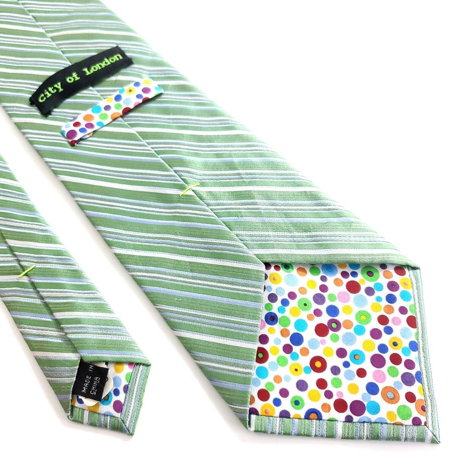 Designer City Of London Green Blue Striped Woven Wide Silk Tie Size ONE SIZE - 7 Thumbnail
