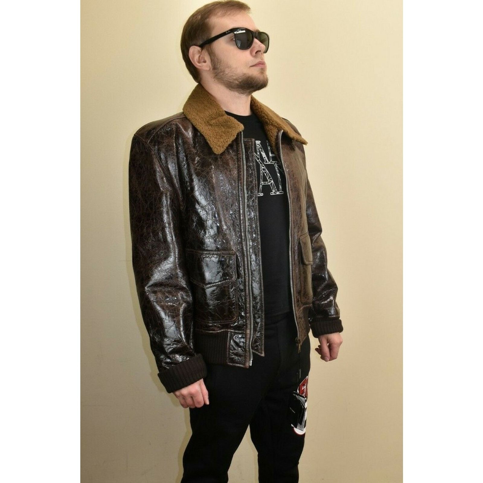Dolce & Gabbana DOLCE GABBANA BROWN LEATHER BOMBER SHEARLING JACKET 54 44 Size US L / EU 52-54 / 3 - 1 Thumbnail