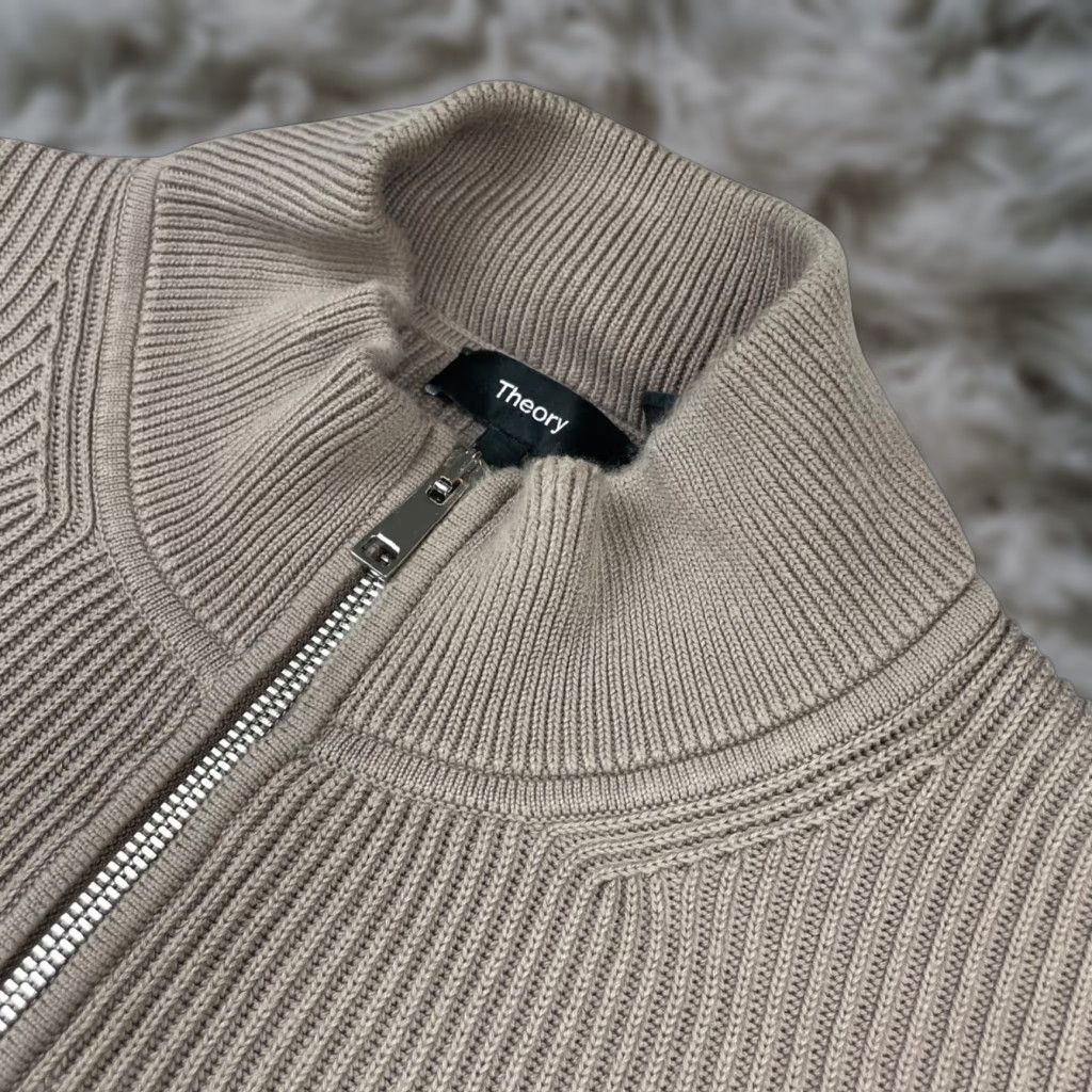 Vince Men’s Cardigan Sweater Full Zip Mock Neck Beige XL Knit Cotton Blend Mens XL Beige Full Zip Ribbed Sweater