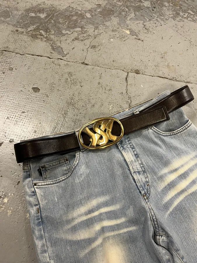 AW2003 Yves Saint Laurent YSL Golden Buckle Dark Brown Leather Belt