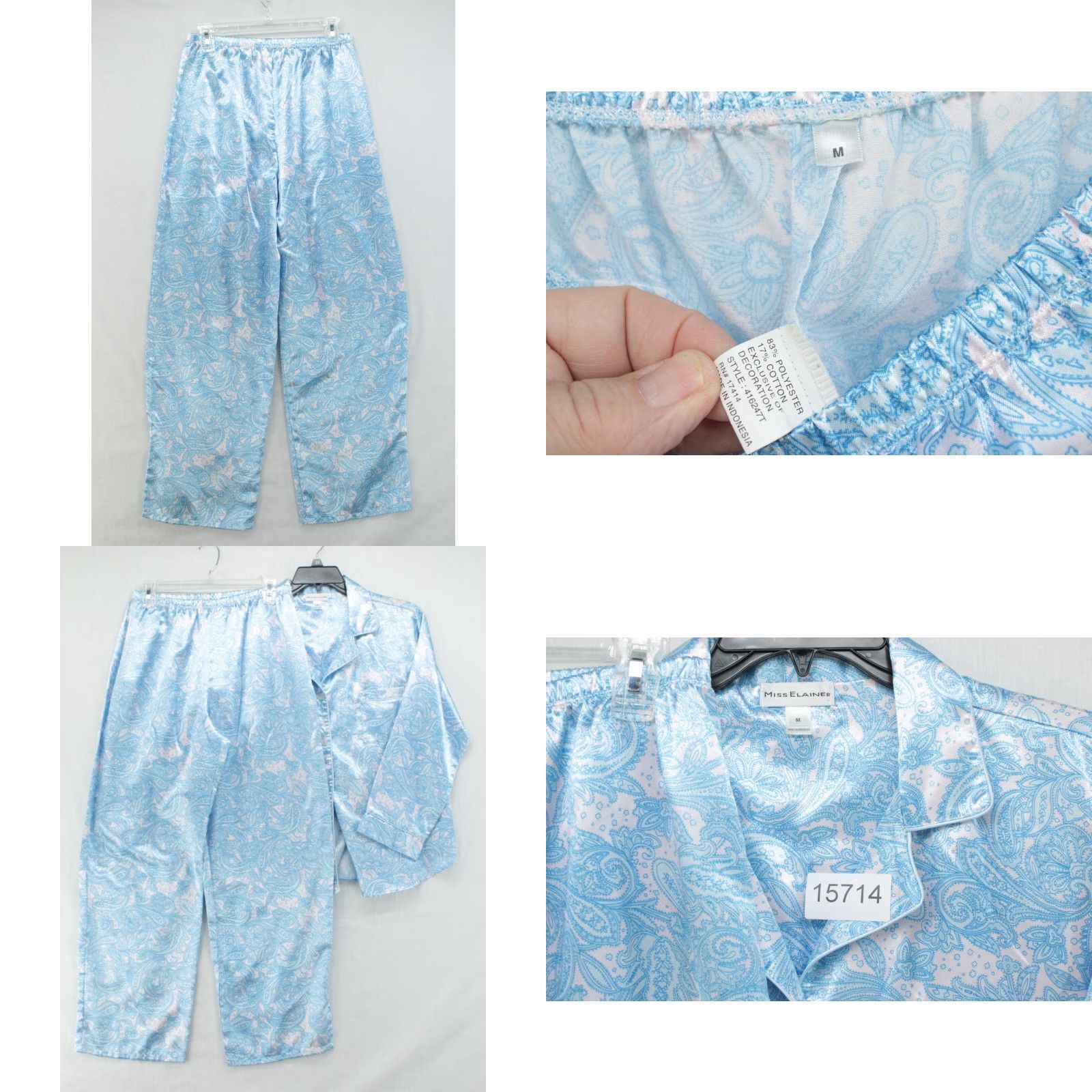 Vintage Miss Elaine Pajama Adult Medium Blue Paisley Satin Flannel Long Sleeve Womens Size M / US 6-8 / IT 42-44 - 8 Thumbnail