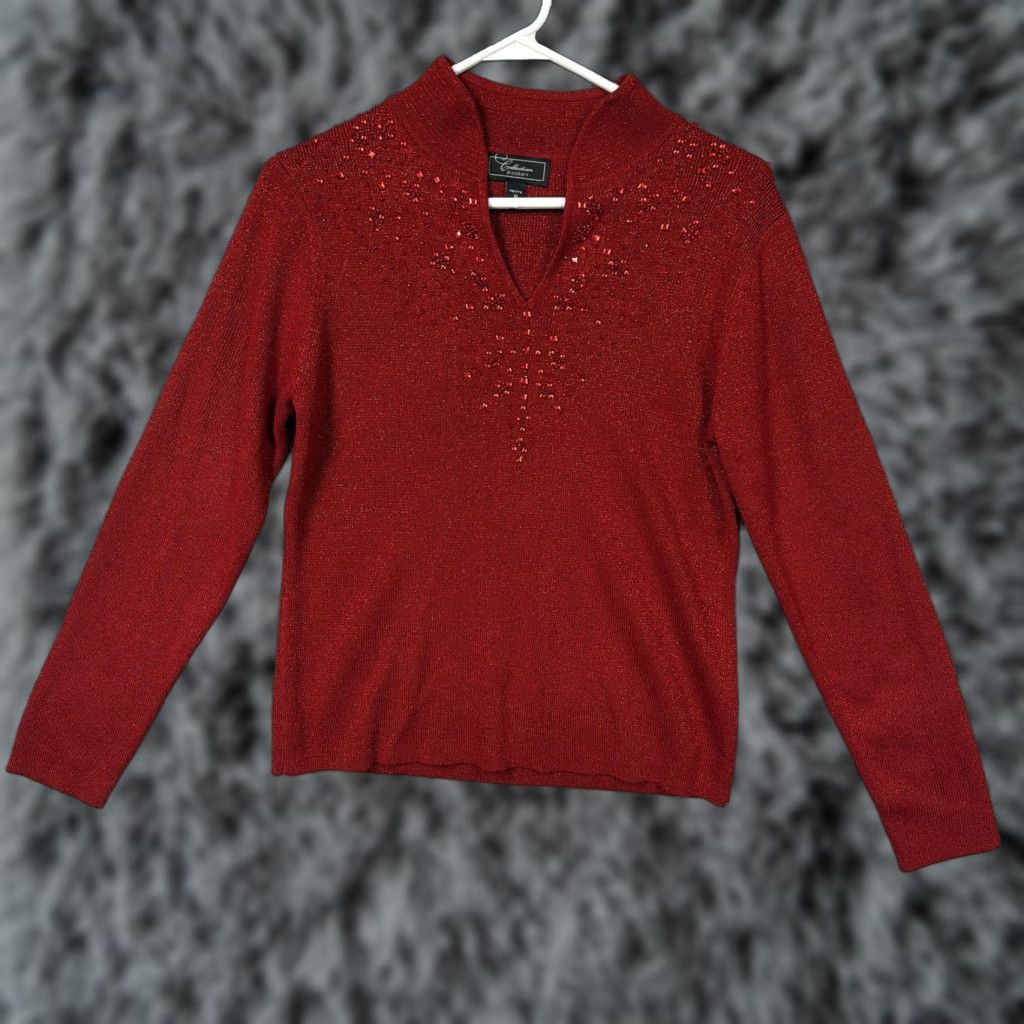 Vintage Dressbarn Womens Petite M Red V-Neck Glitter Sequin Holiday Party Chic Sweater Size M / US 6-8 / IT 42-44 - 1 Thumbnail
