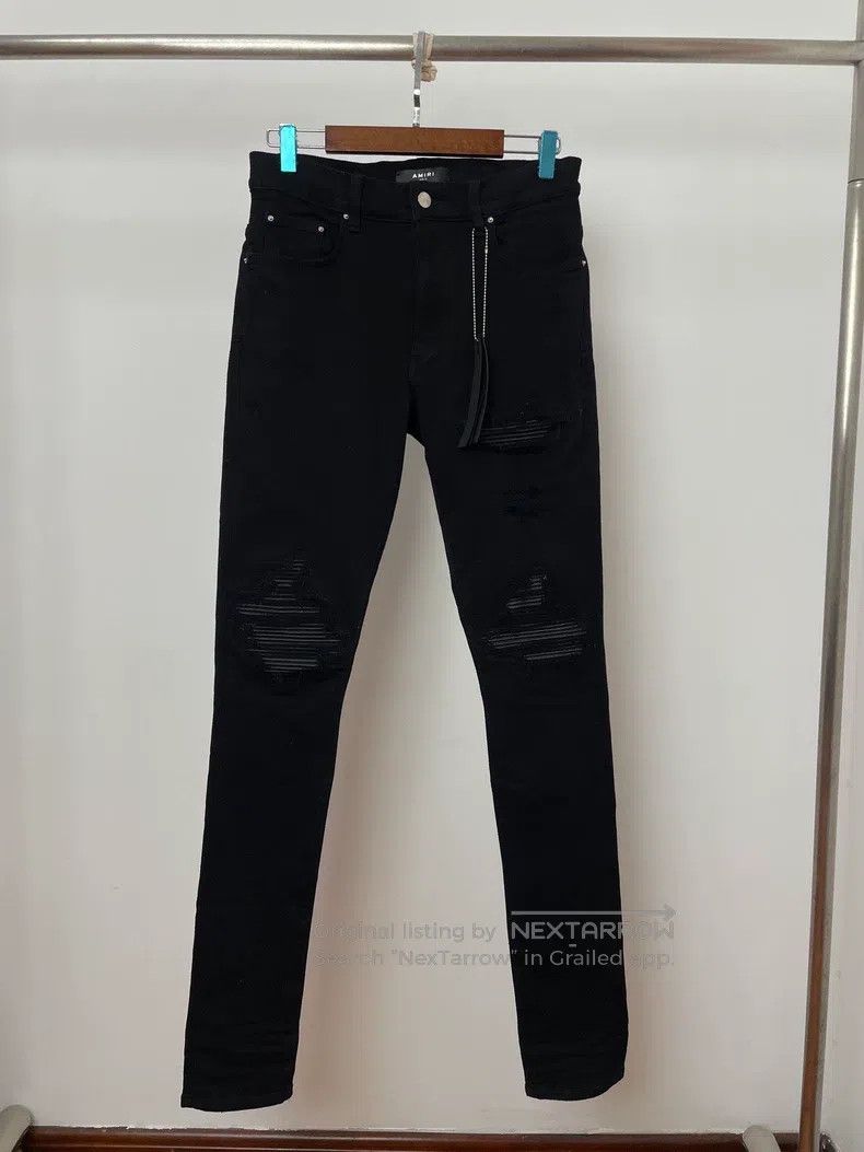 Amiri Amiri Black Ripped Patch Leather Denim Pants Size US 31 - 1 Thumbnail
