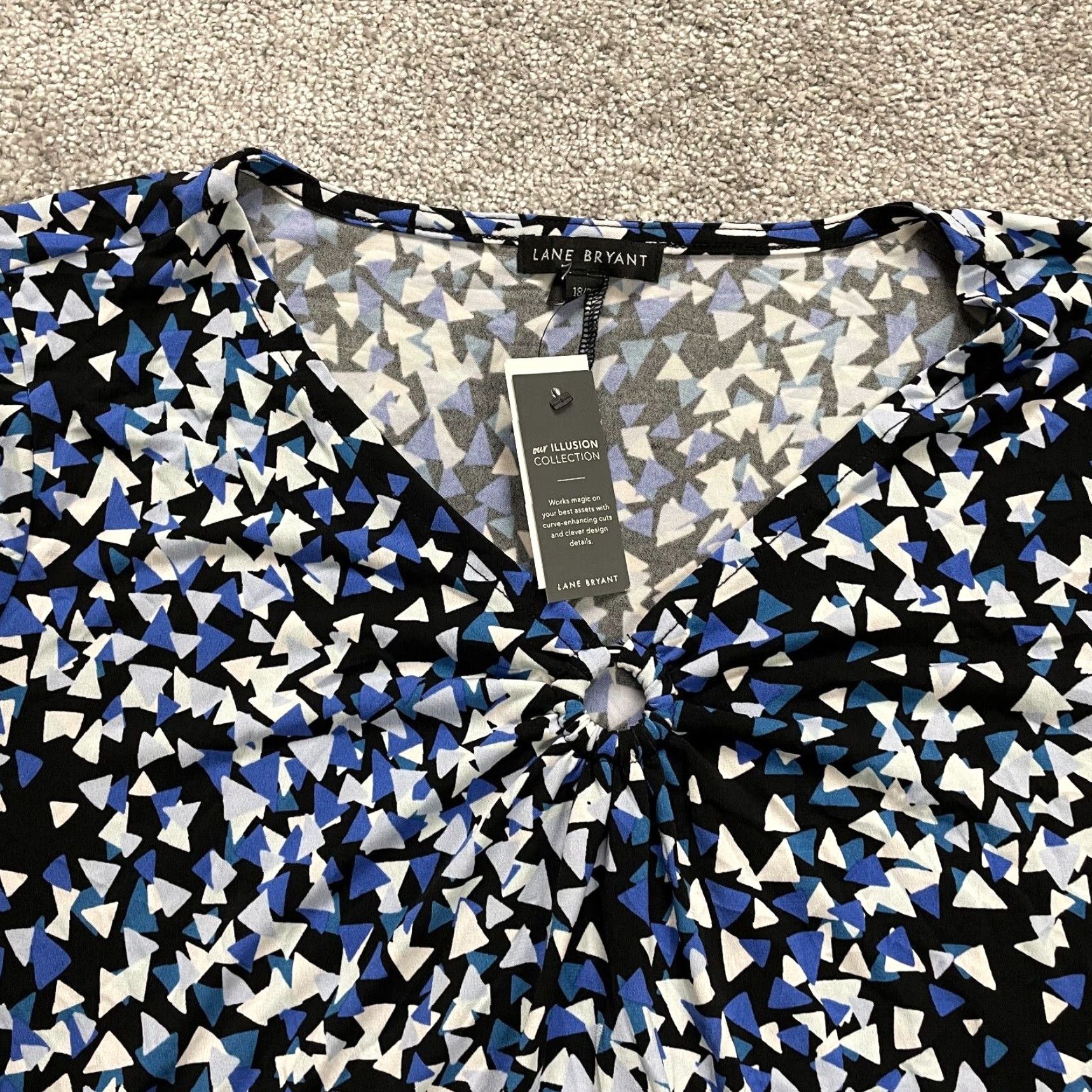 Vintage Lane Bryant Blouse Womens 18/20 Blue White Black V-Neck Keyhole Short Sleeve NWT Size XXL / US 16-18 / IT 52-54 - 3 Thumbnail