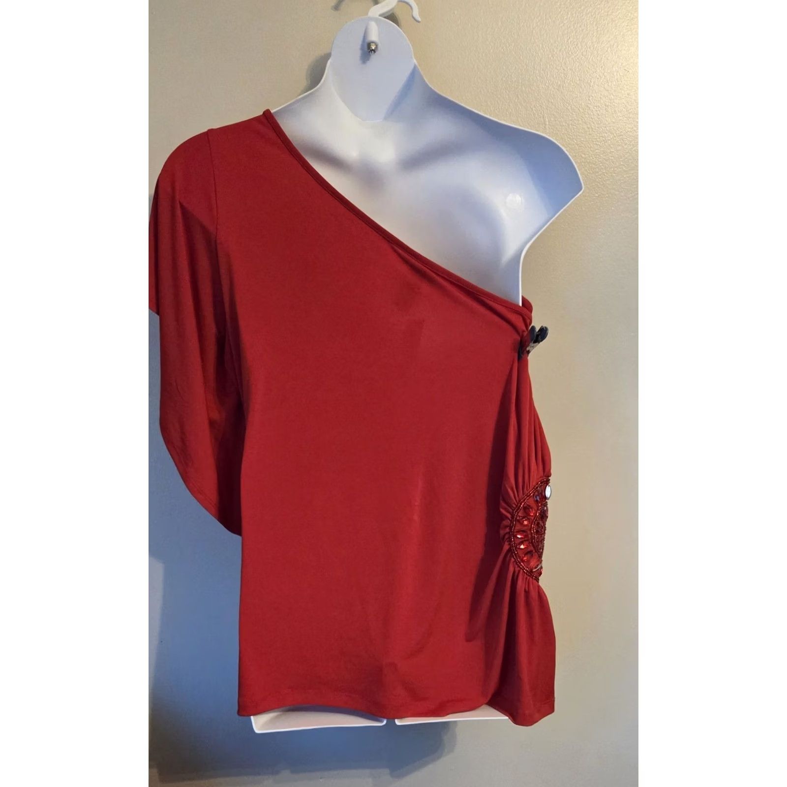 Vintage Lane Bryant Blouse One Shoulder Beaded Rhinestones NWT Red Sleeveless Plus 24 Blouse Womens Size 4XL / US 24-26 - 3 Thumbnail