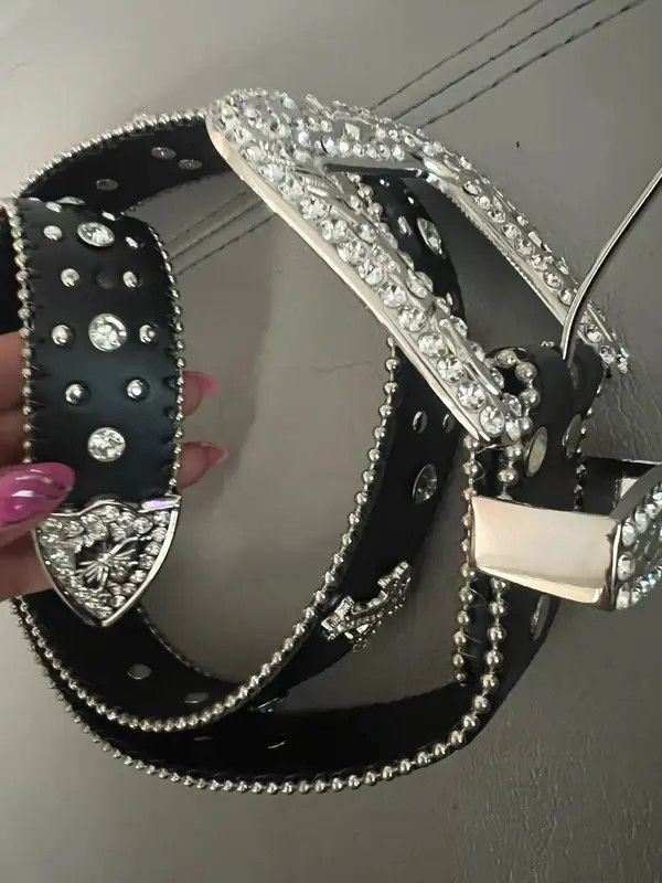 Leather Black Cross Rivet Belt Engraved Buckle Rhinestone PU Belt Size ONE SIZE - 4 Thumbnail