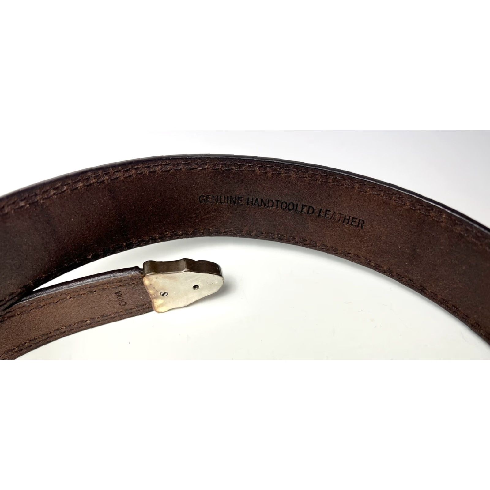 Vintage VINTAGE 3D Tooled Leather Belt Removable Silver Buckle Floral Turquoise Inlay S/M Women's Brown 3D Western Leather Cowgirl Buckle Swap 35.5” Size ONE SIZE - 6 Thumbnail