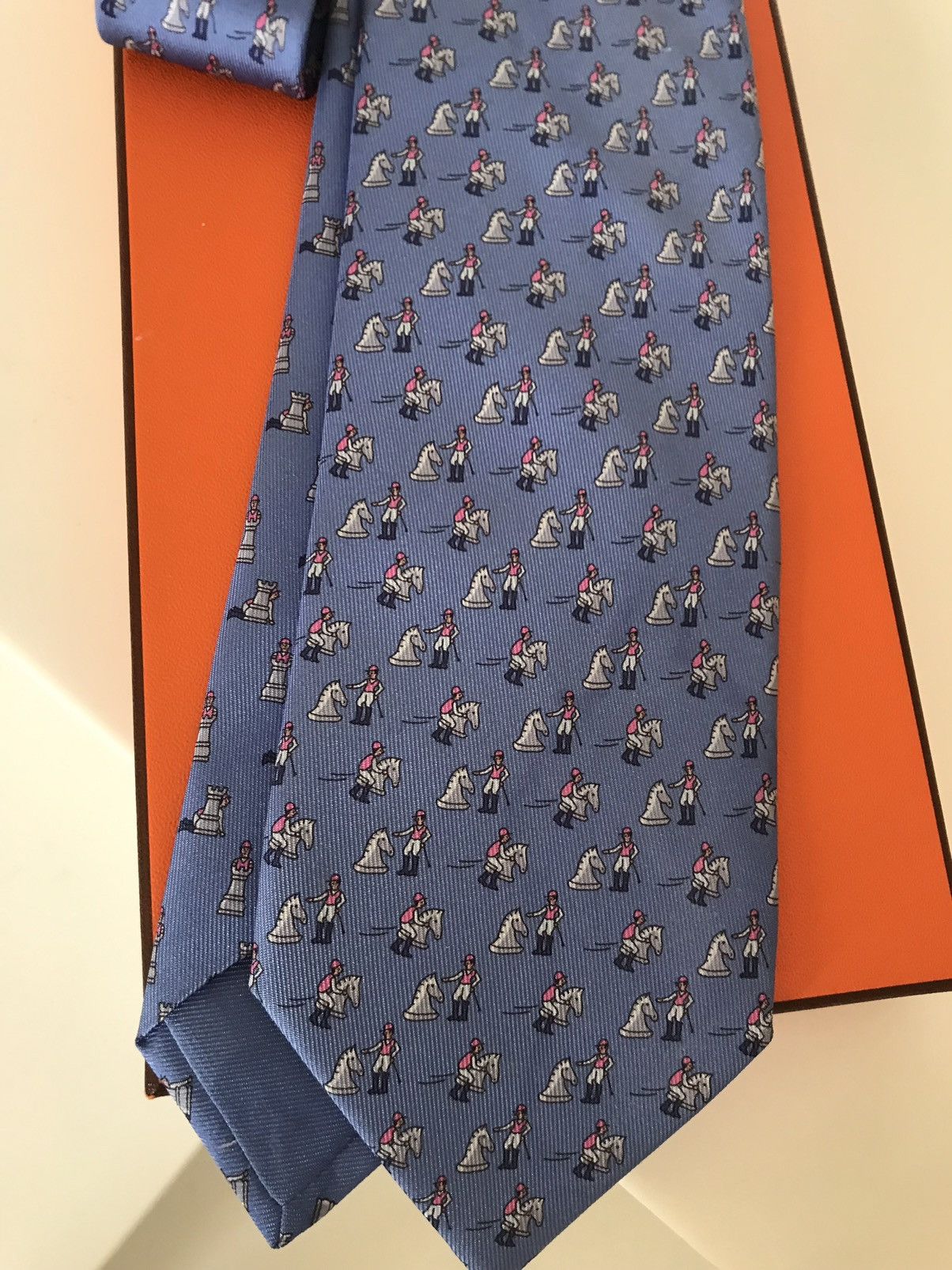 image of New Hermes Echec Aux Jockey Twillbi Silk Tie in Blue, Men's