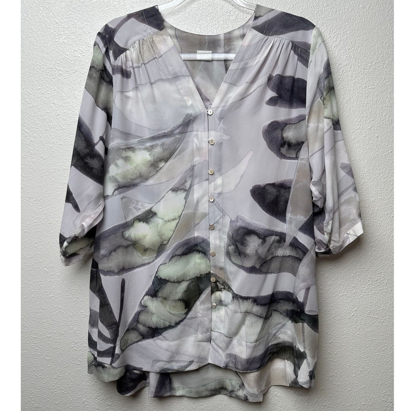 Other Poetry 100% Silk Blouse Gray Green Ivory Womens US 10 V Neck Size L / US 10 / IT 46 - 5 Thumbnail