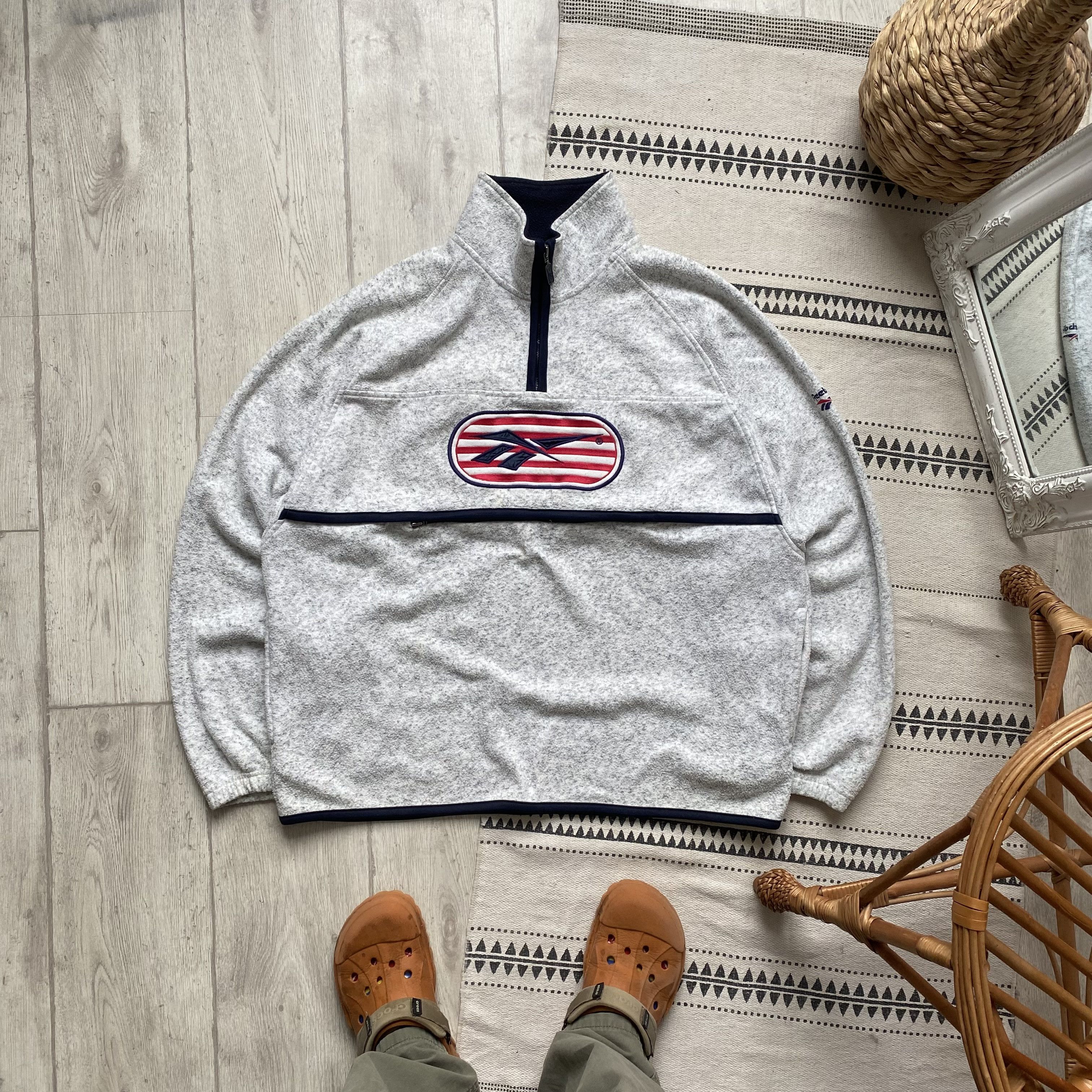 Reebok Vintage 80-90s Reebok Fleece Sweater Centr Logo Anorak Size US XL / EU 56 / 4 - 1 Thumbnail